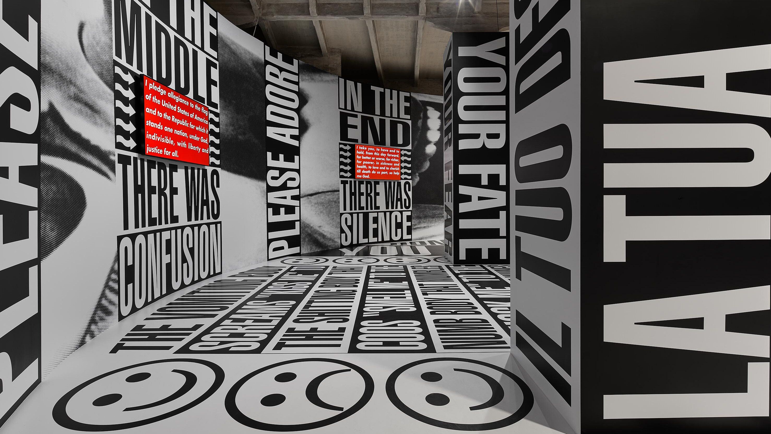 An installation view from the work by Barbara Kruger at the 59th International Art Exhibition of La Biennale di Venezia titled The Milk of Dreams, curated by Cecilia Alemani in 2022