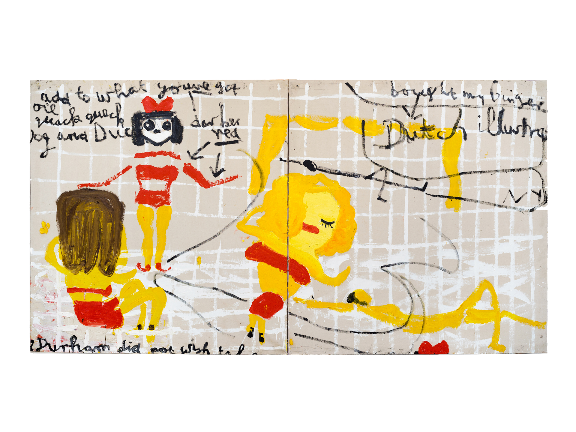 A painting by Rose Wylie, titled Yellow Girls I, dated 2017. 