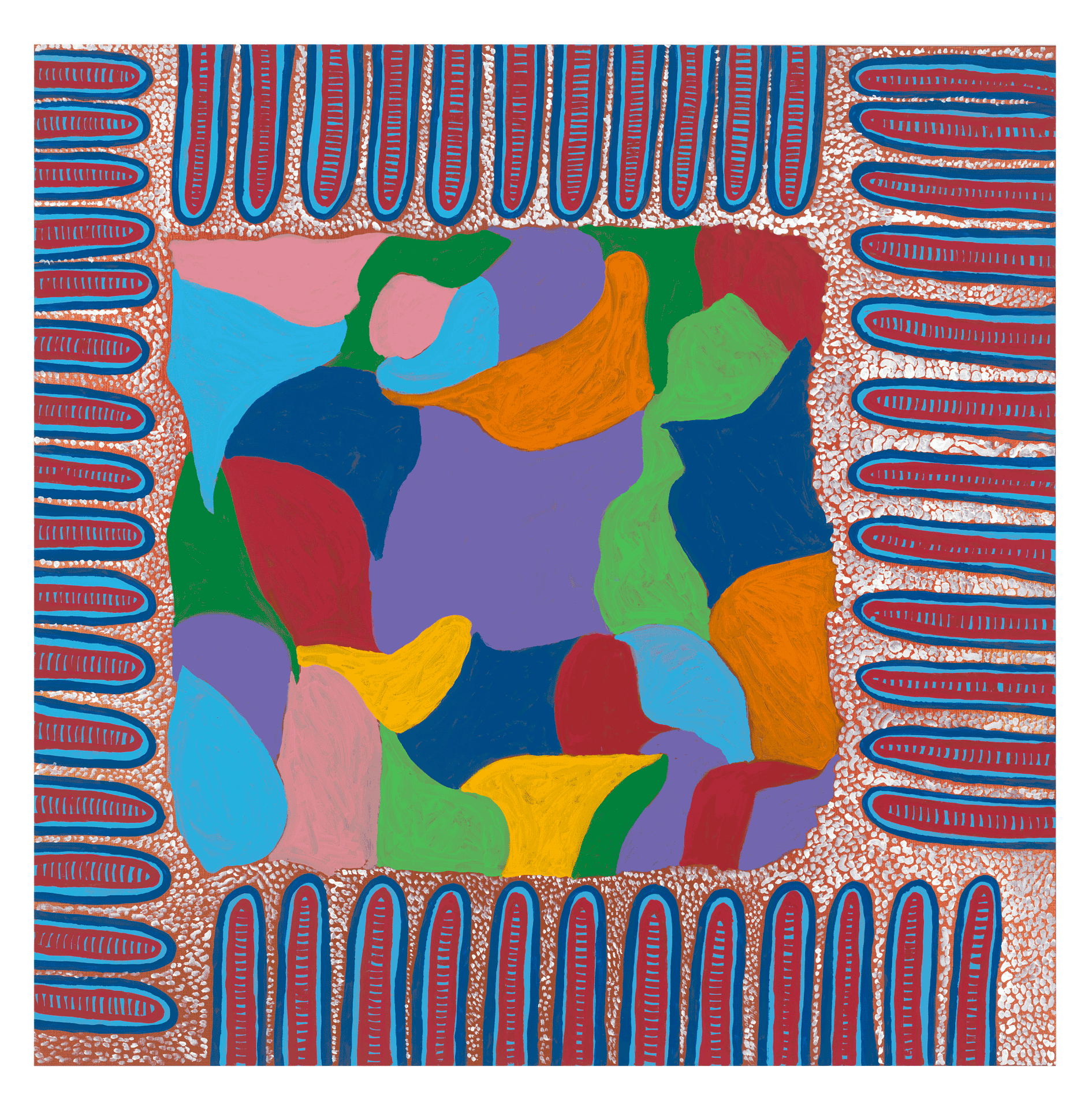 A painting by Yayoi Kusama, titled CLOUDS ARE CONSIDERING, dated 2013.