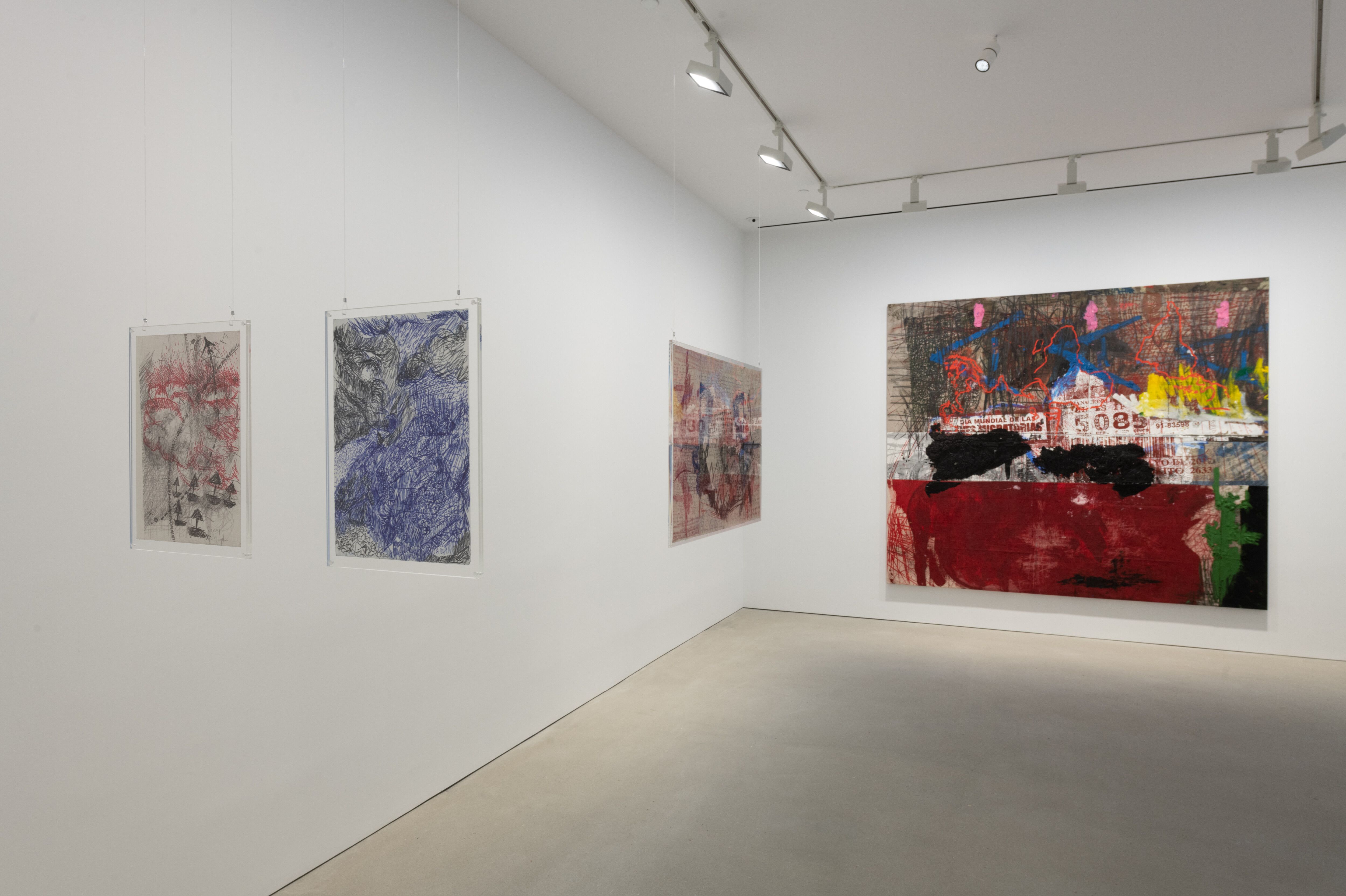 Installation view of the exhibition Oscar Murillo: the build-up of content information, at David Zwirner in Hong Kong, dated 2018.