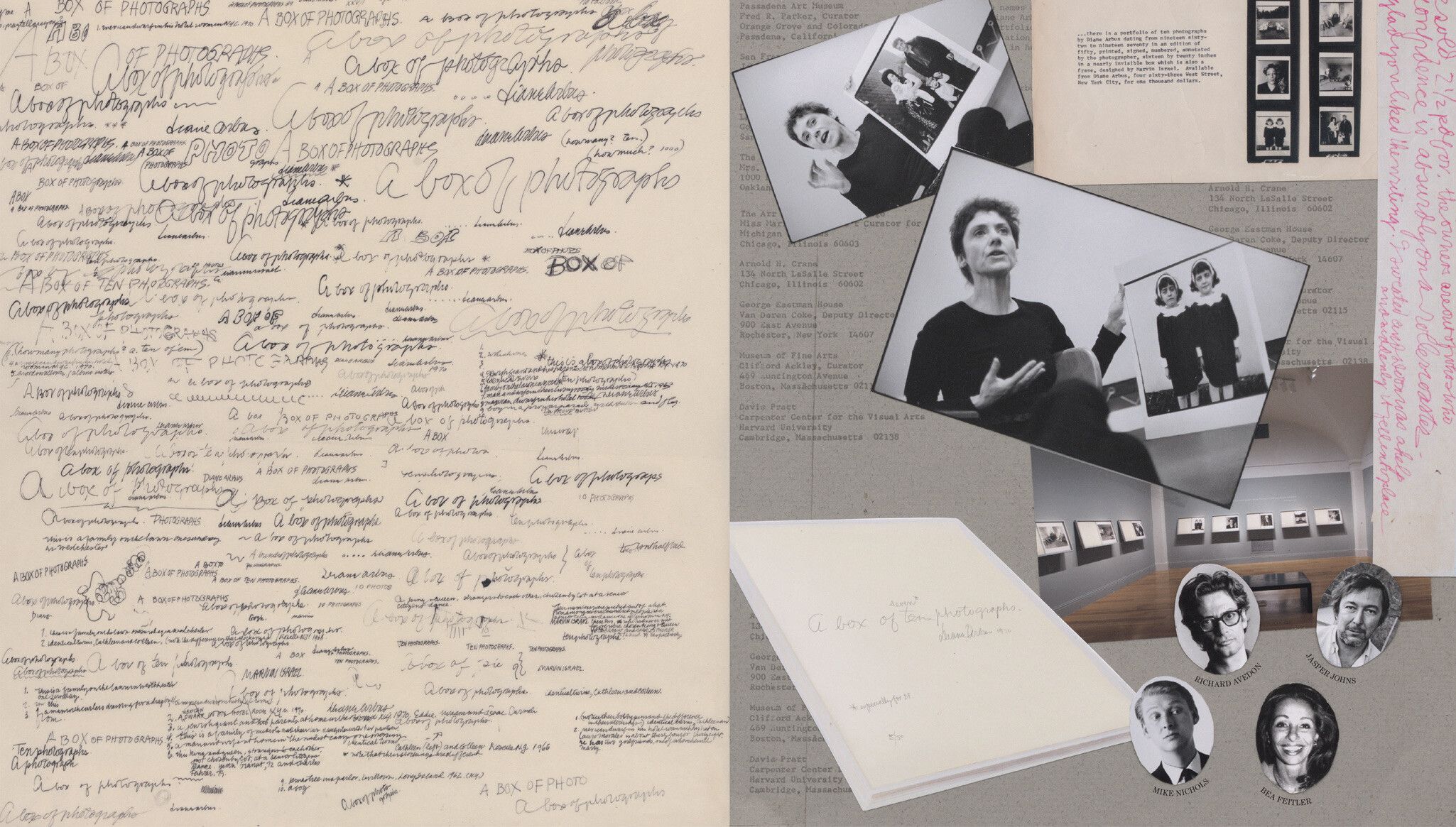 A collaged archival materials featured in Diane Arbus: Documents, co-published by David Zwirner Books and Fraenkel Gallery, dated 2022