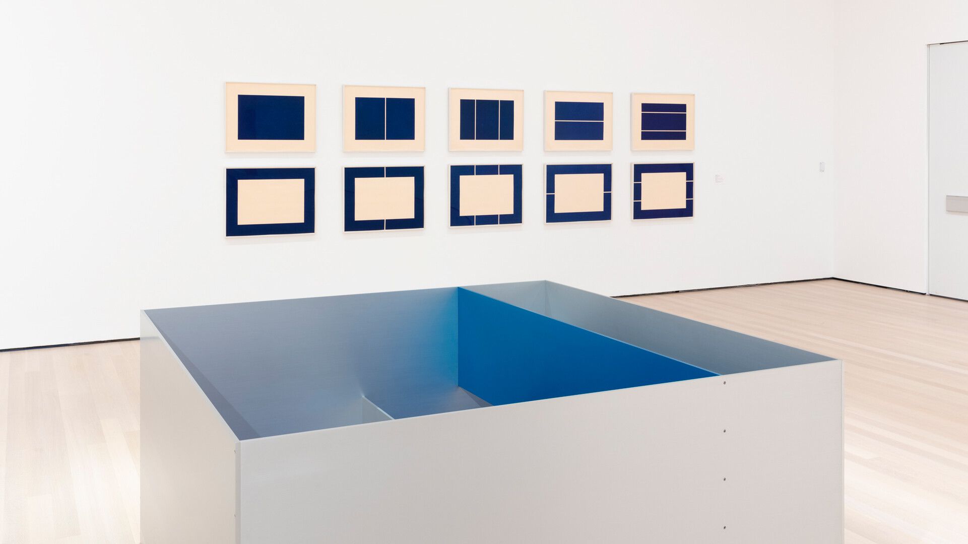An installation view featuring works by Donald Judd at the Museum of Modern Art, New York, dated 2020