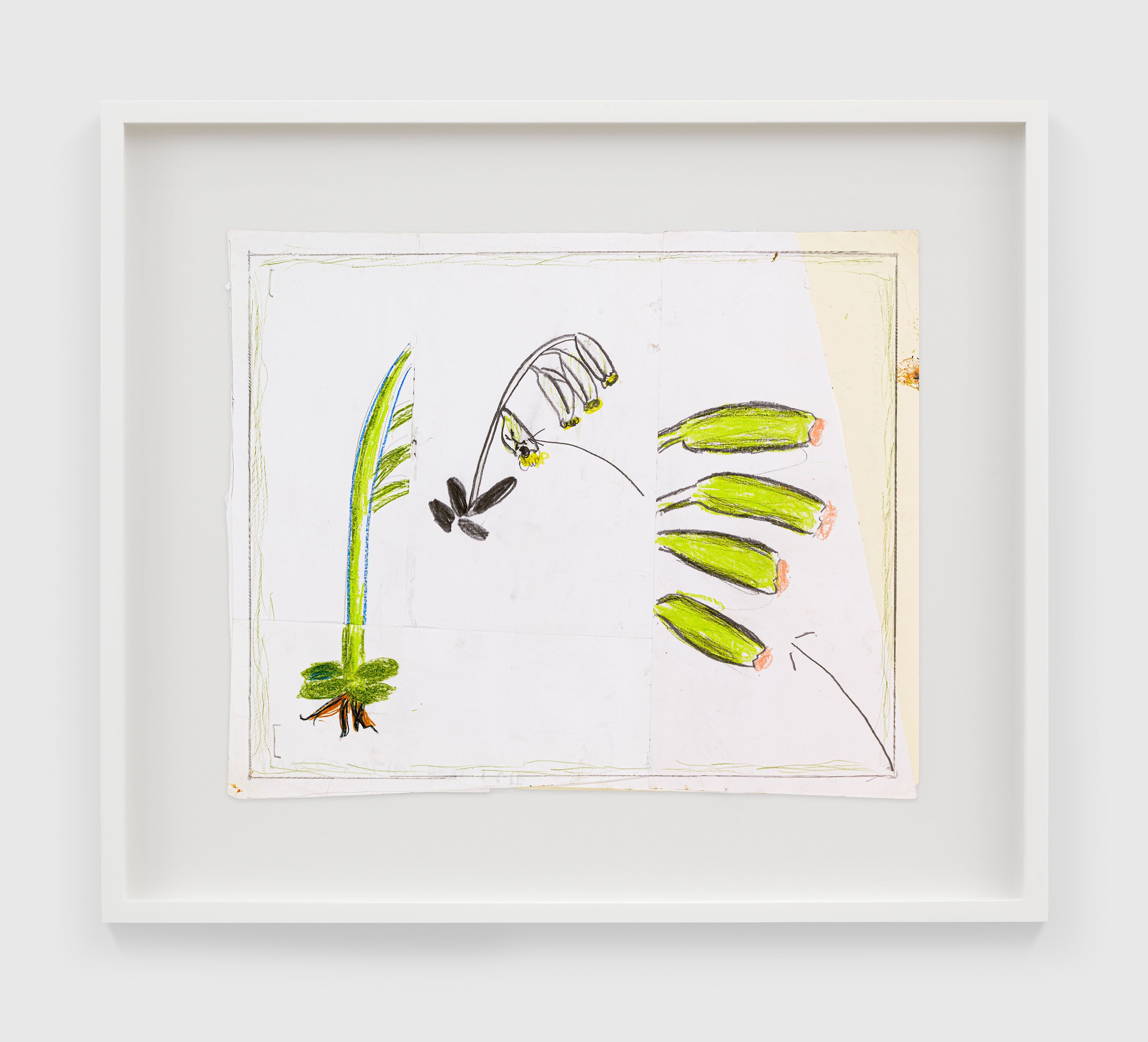 A work on paper by Rose Wylie, titled 3 Cowslips, study for MY HOUSE painting, dated 2020.