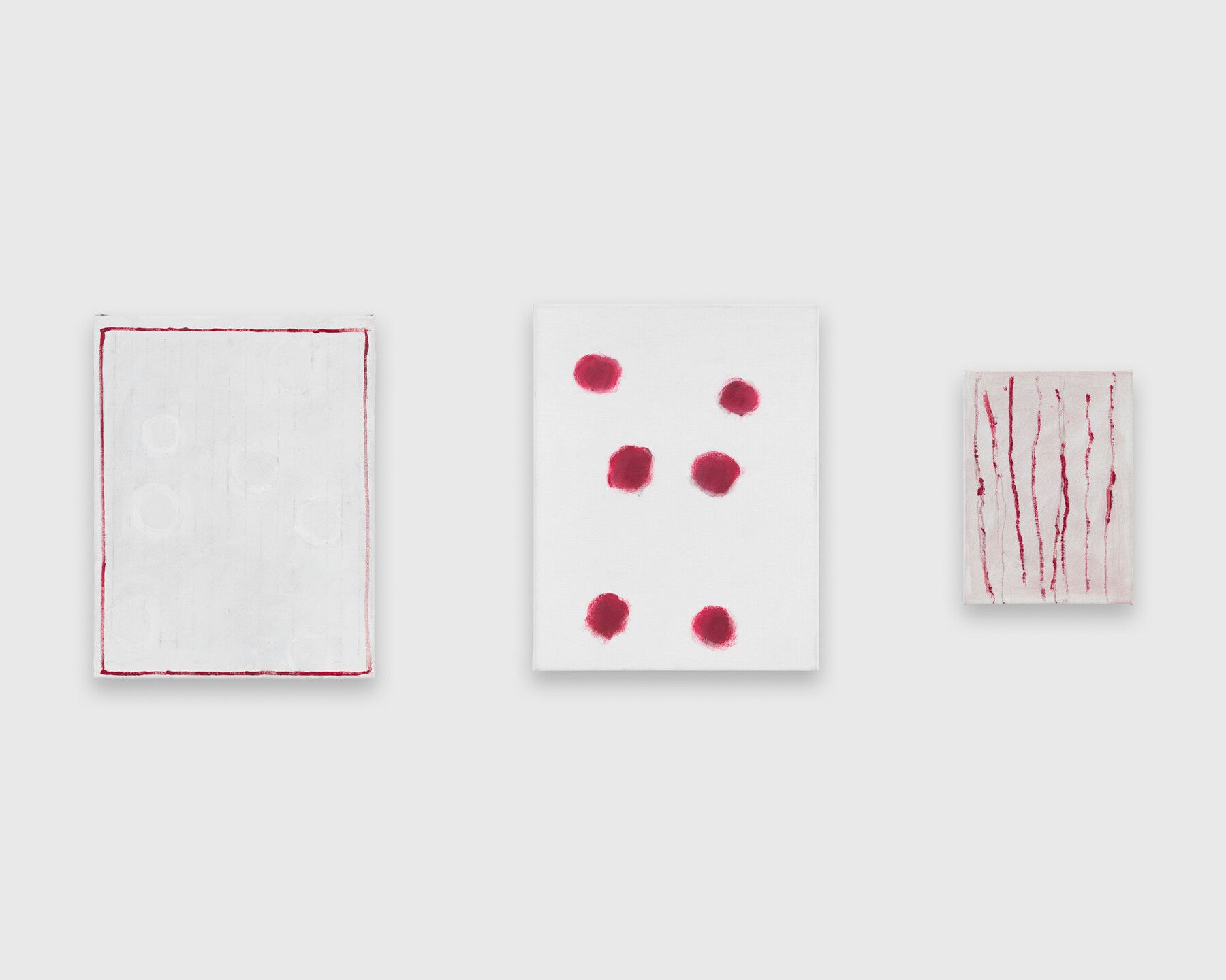 Three oil, gesso, and charcoal paintings on canvas by Raoul De Keyser, titled Falling Balls The Failed Juggle No Title (8 Verticals/6), dated 2010.