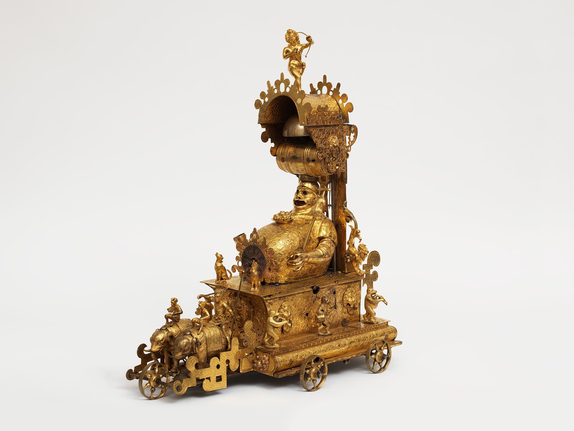 A sculpture by an anonymous artist from Augsburg, titled Automation clock in the form of the Chariot of Bacchus, circa 1590 to 1600.