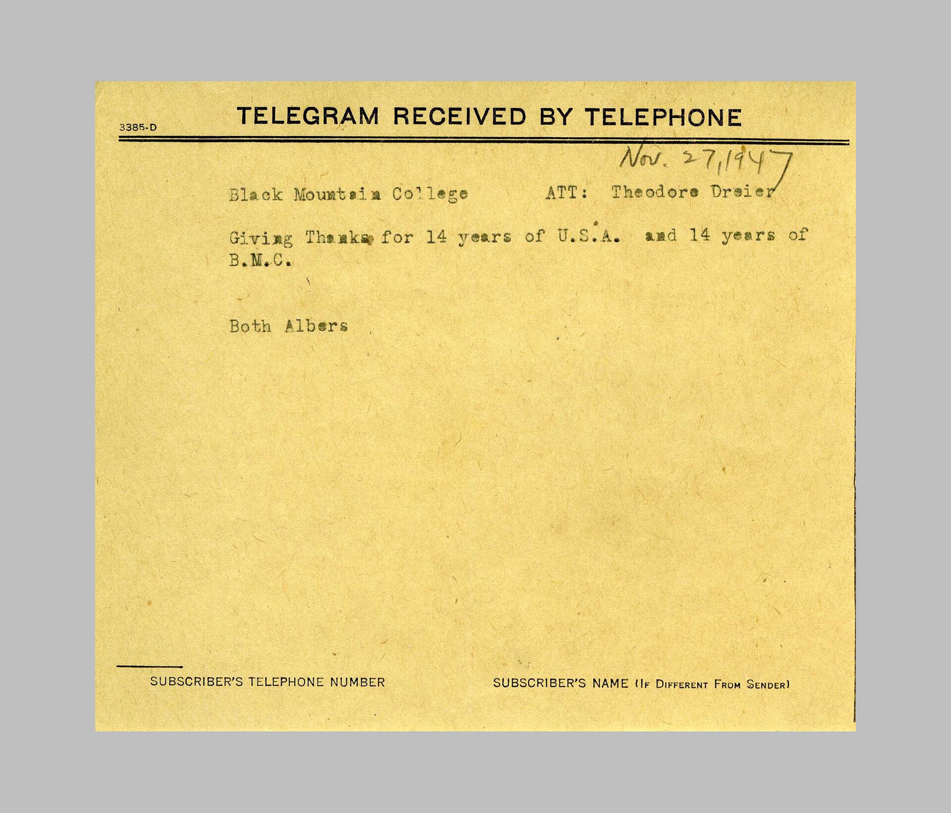 A telegram from Josef and Anni Albers to Theodore Dreier, dated 1947.