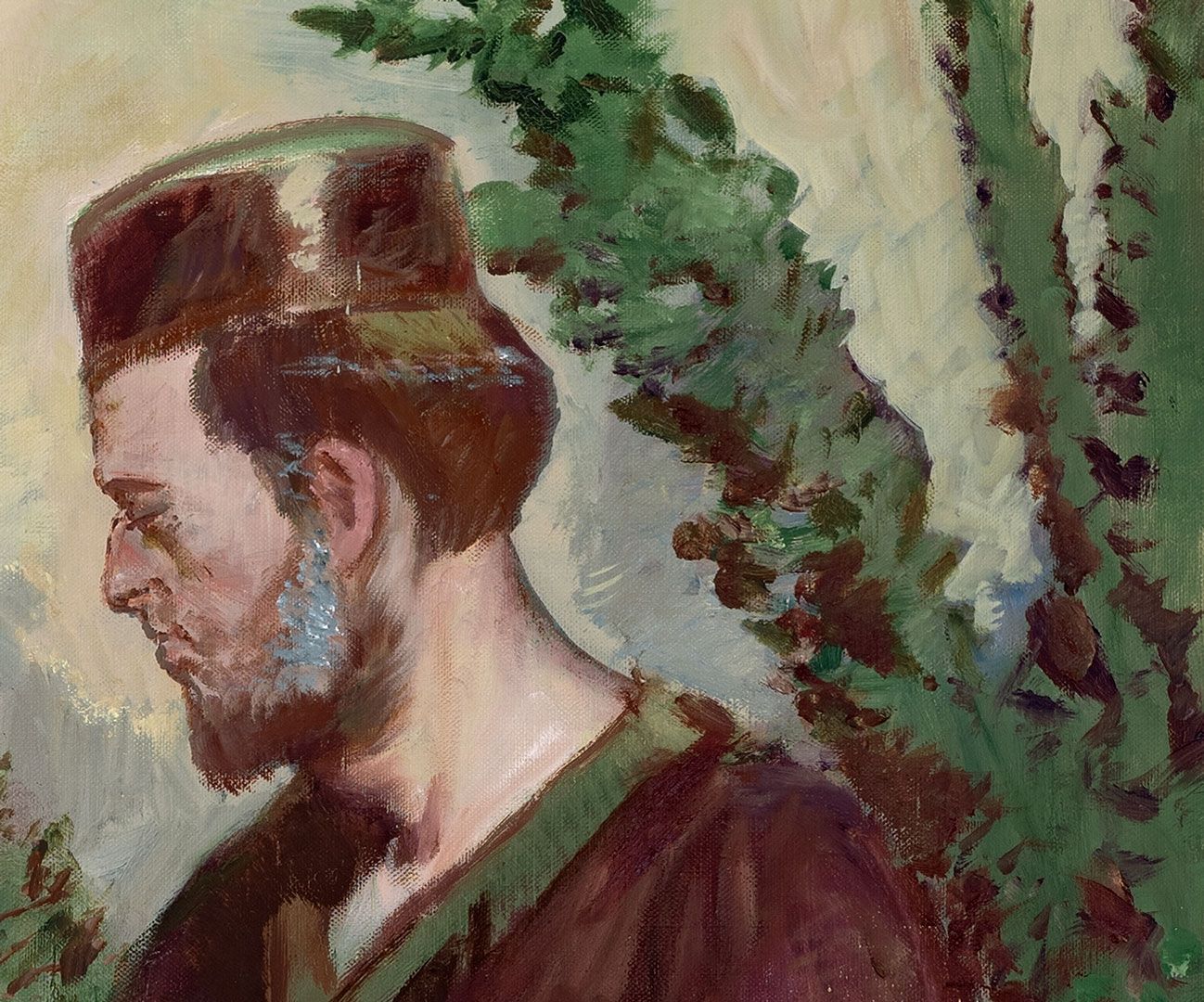 A detail from a painting by Neo Rauch, titled Die Handreichung, dated 2019