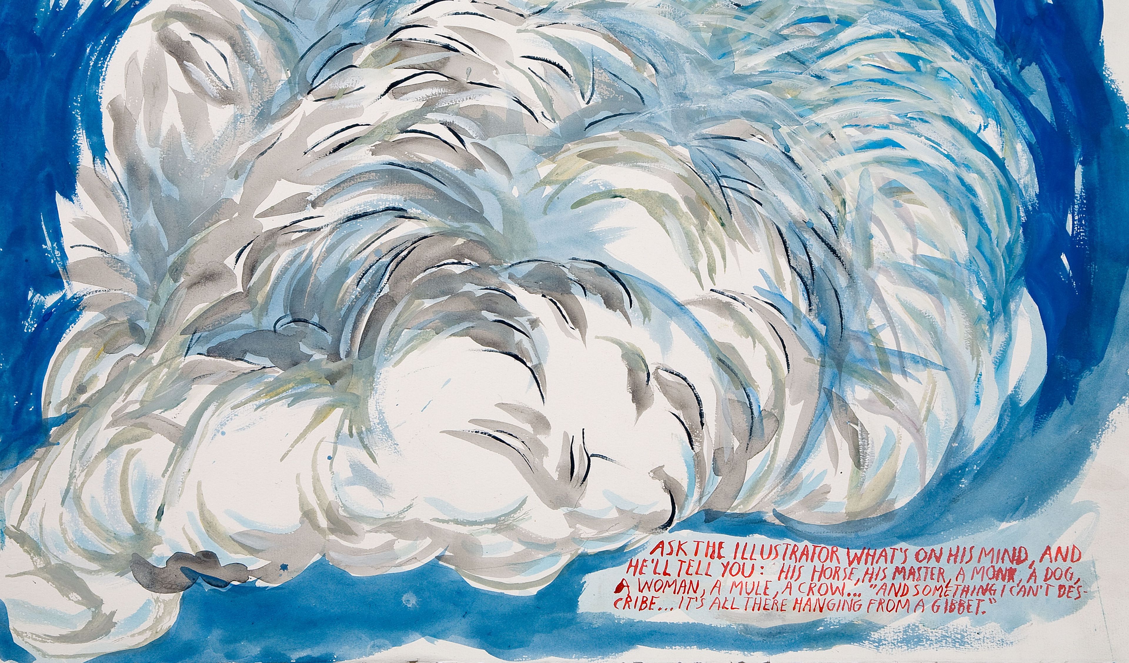 Detail view of a painting by Raymond Pettibon titled No Title (Ask the illustrator...), dated 2007.