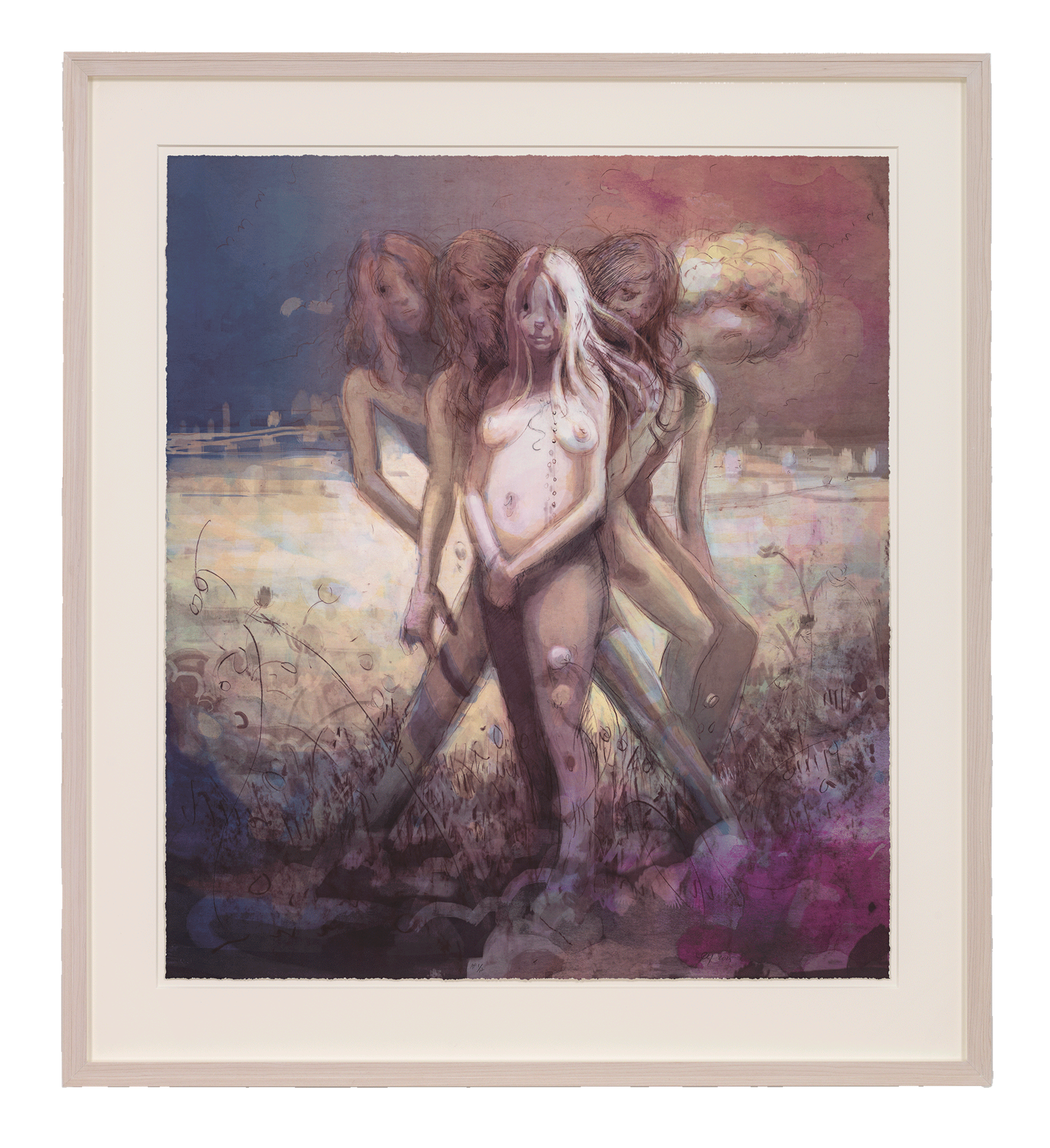 A framed print by Lisa Yuskavage, titled Hippies in Tit Heaven, dated 2015.