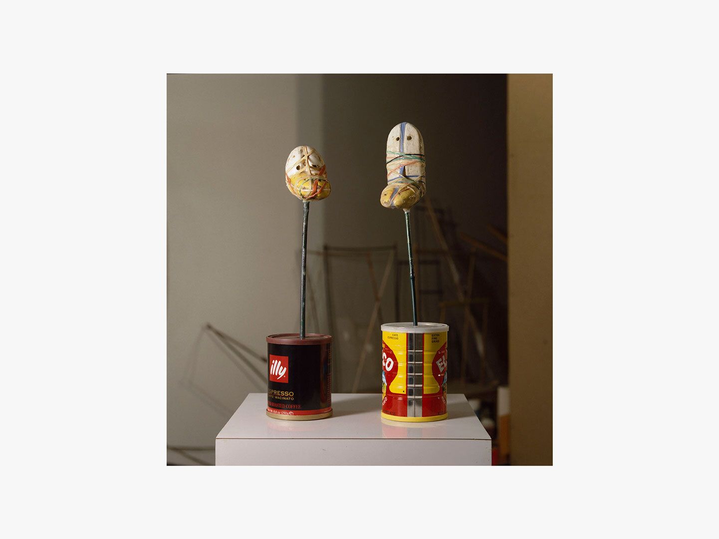 A photo of two sculptures by Al Taylor, one titled Bondage Duck #1, dated 1998, another titled Bondage Duck #2, dated 1998.