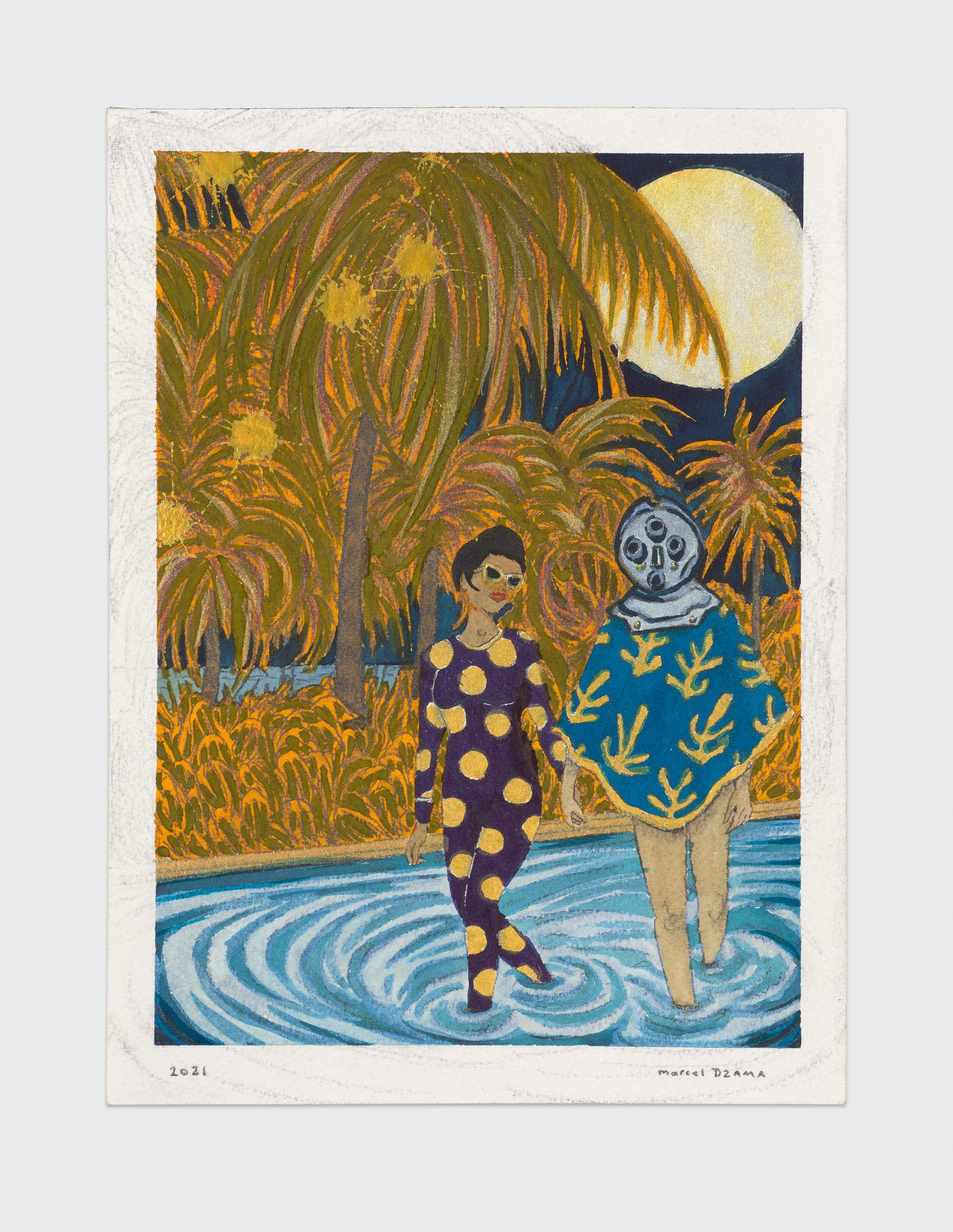 A mixed media artwork by Marcel Dzama, titled The honeymoon, dated 2021.