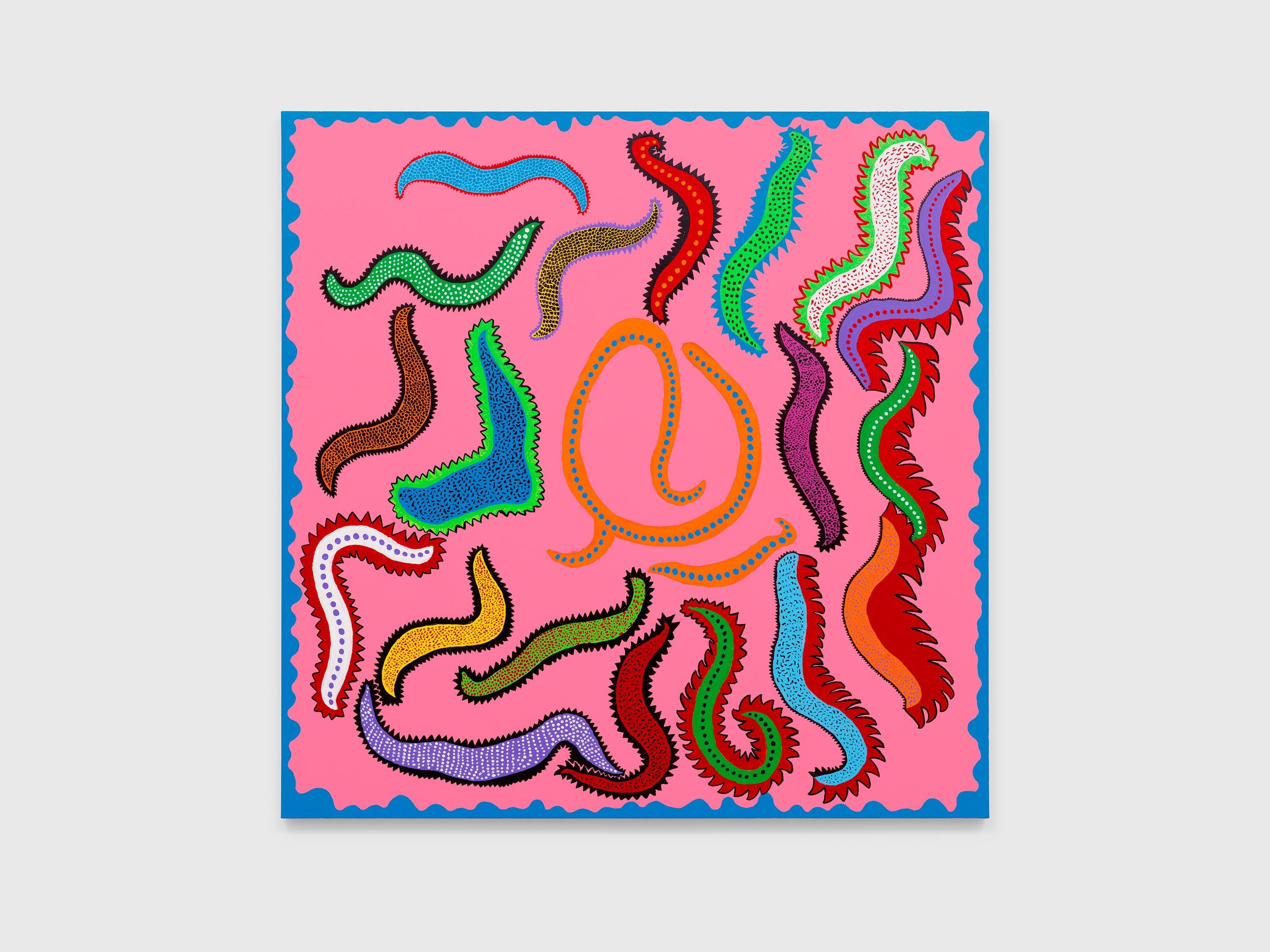 An acrylic on canvas painting by Yayoi Kusama, titled DWELLING OF LOVE, dated 2016.