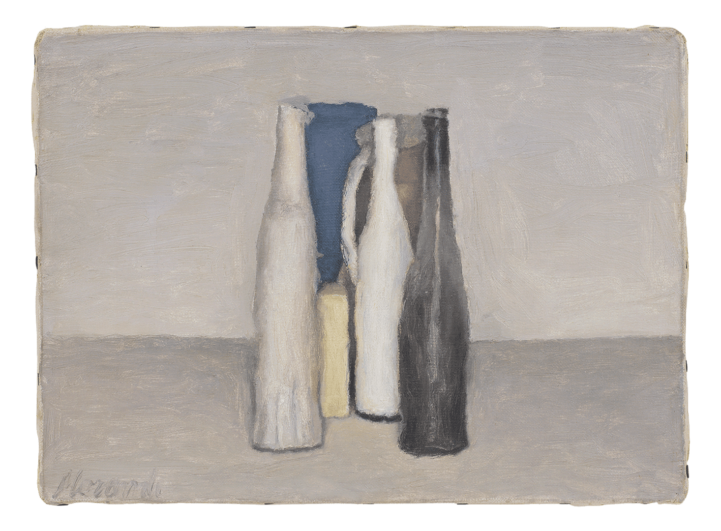 An oil painting on canvas by Giorgio Morandi, titled Natura morta (Still Life), dated 1957.