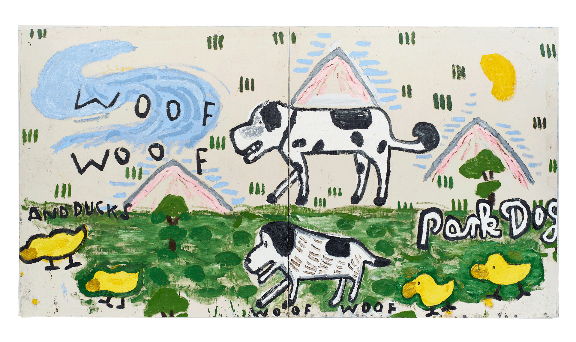 A painting by Rose Wylie, titled Park Dogs, Woof Woof, dated 2017. 