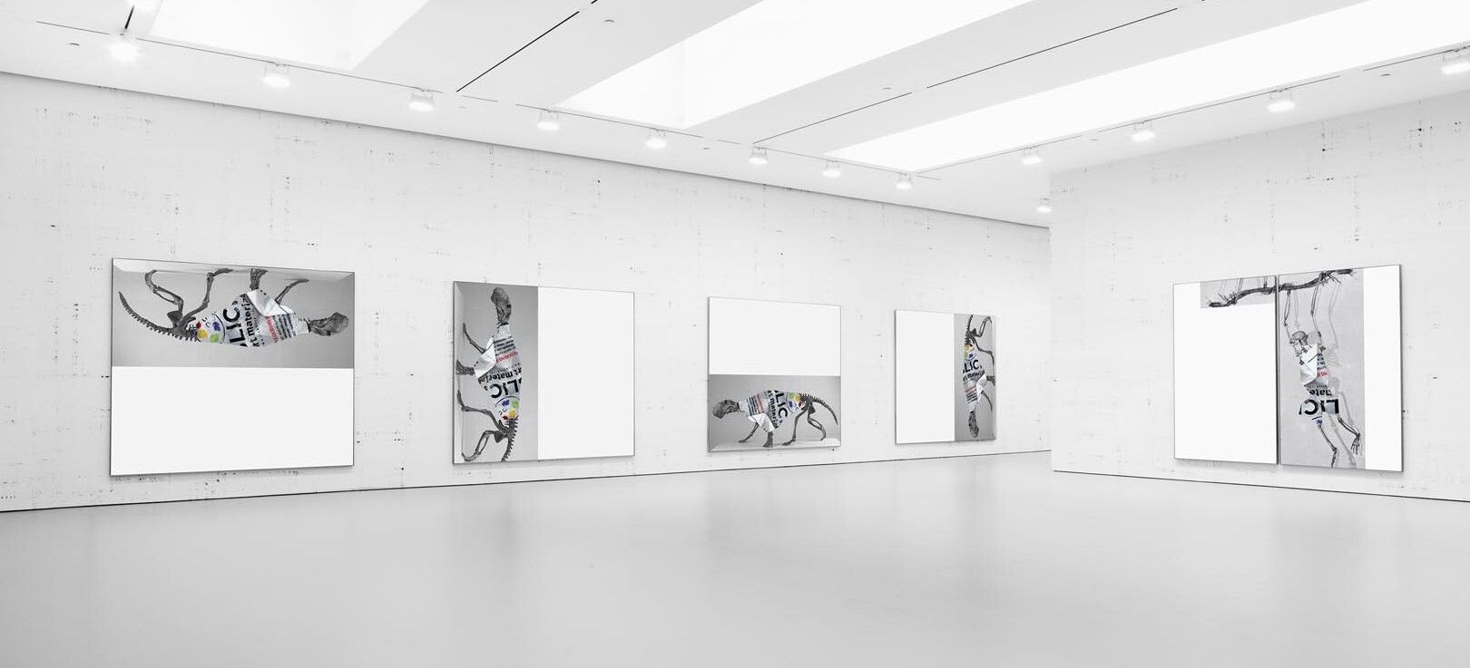 Installation view of the exhibition, new work by Michael Riedel, at David Zwirner Gallery in New York, dated 2016.