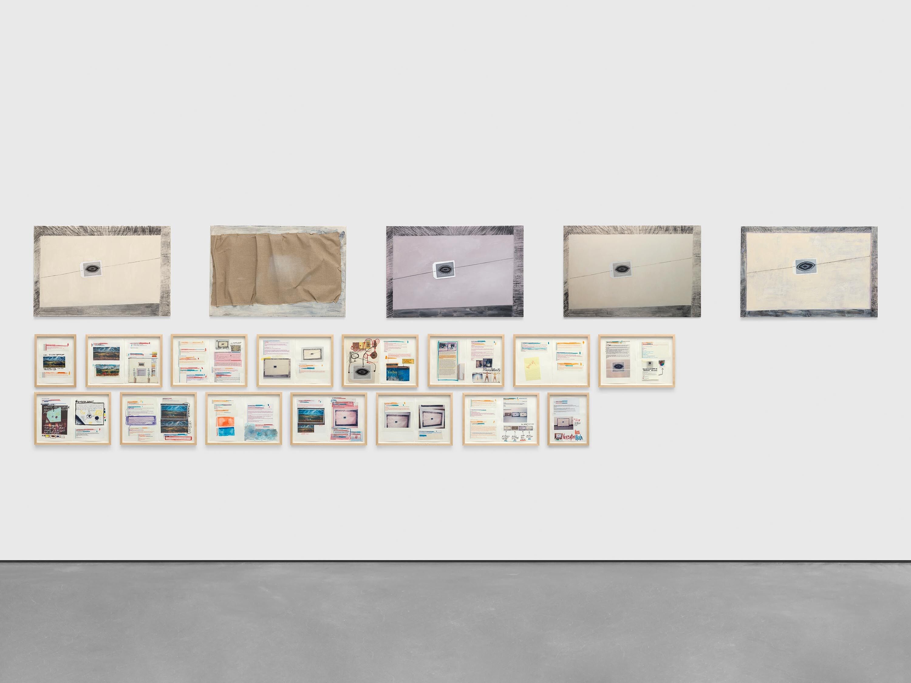 A mixed media installation by Rochelle Feinstein, titled Verbatim Hoc Moda/The Abramovic Method, dated 2013 to 2015.