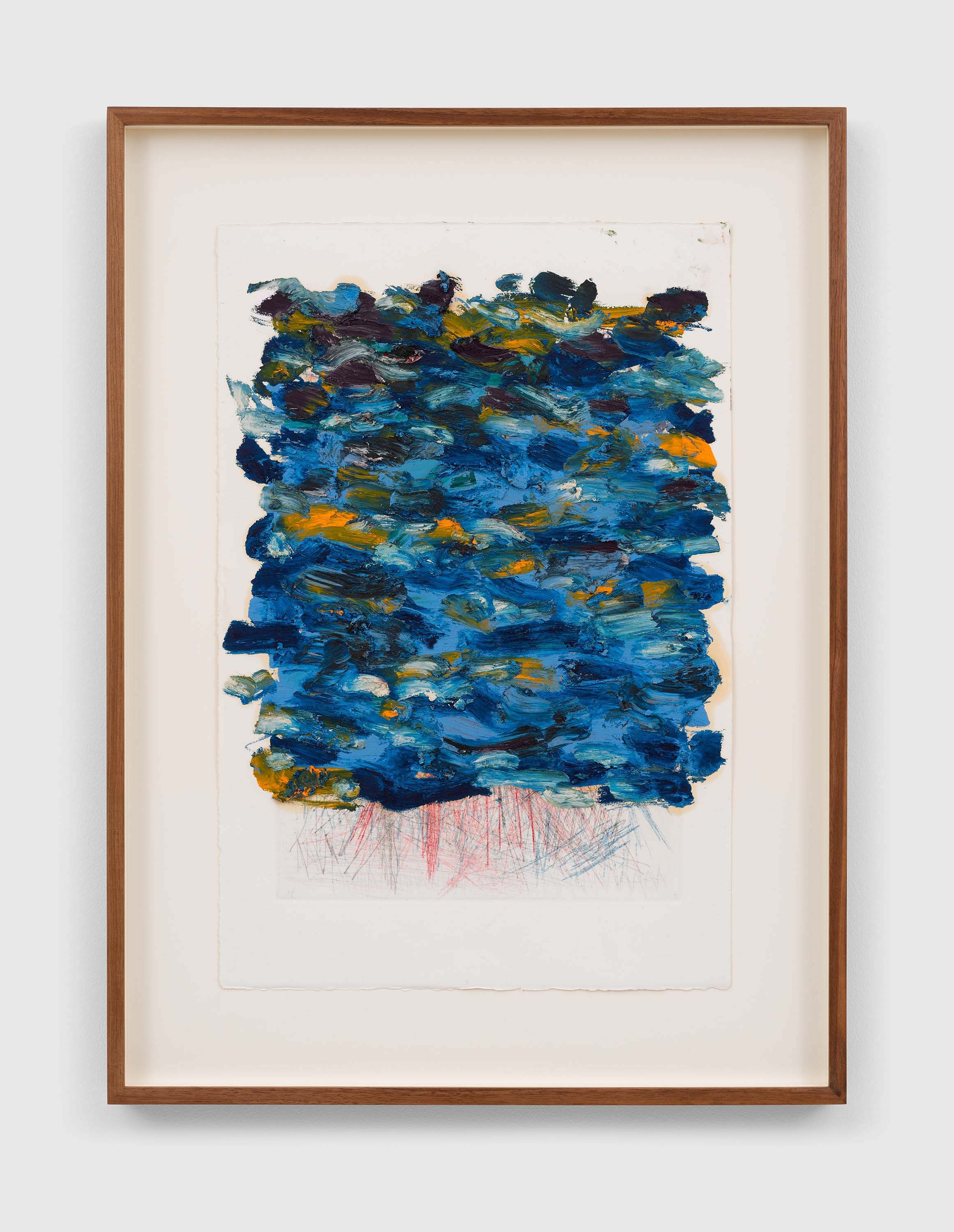A intaglio print, graphite, ink, marker pen, crayon and oil on paper artwork by Oscar Murillo, titled surge (poetics of flight), dated 2021.