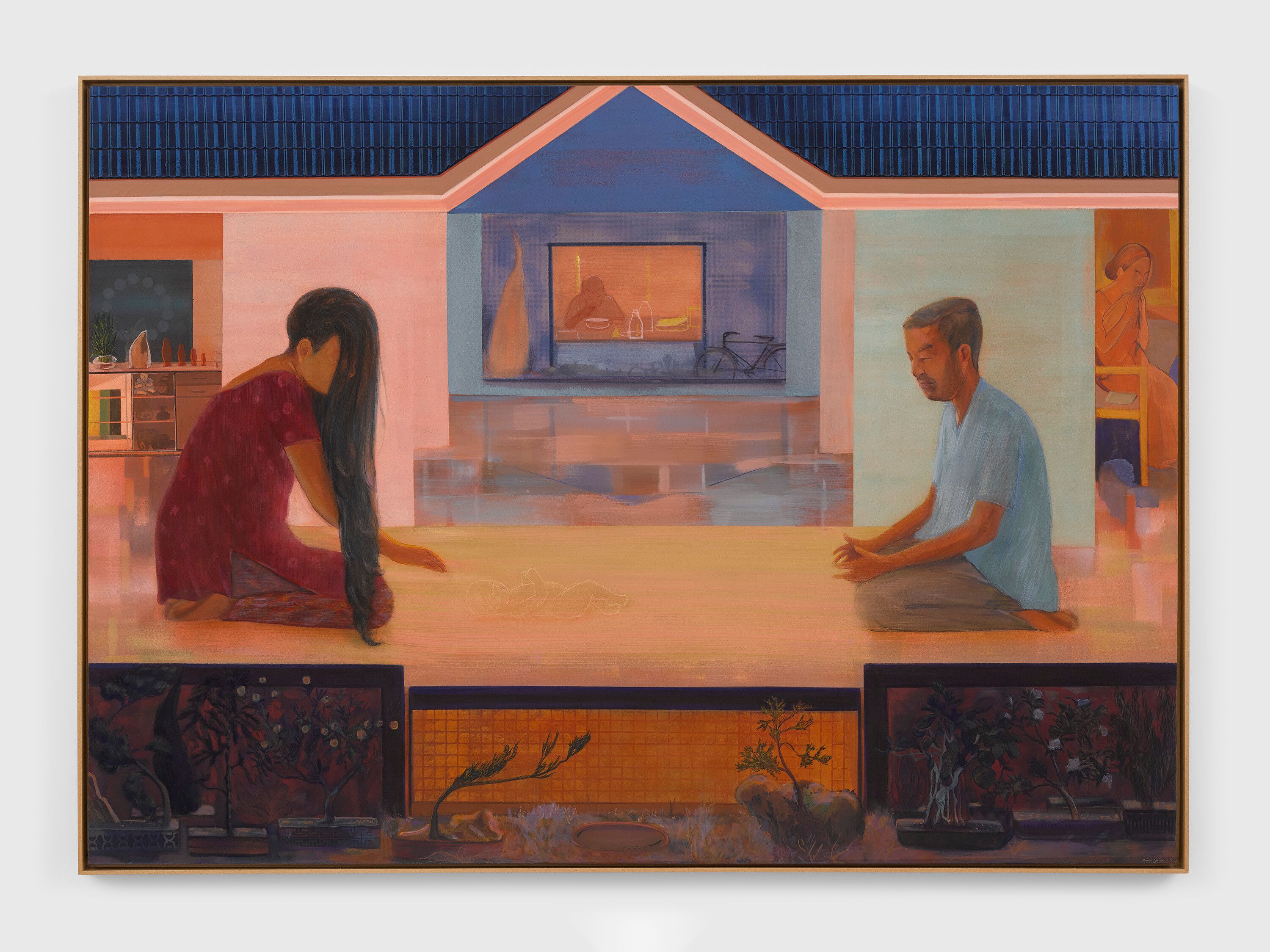 A casein on canvas artwork by Mahesh Baliga, titled Trees Whisper to each other whether we want roots, dated 2022.