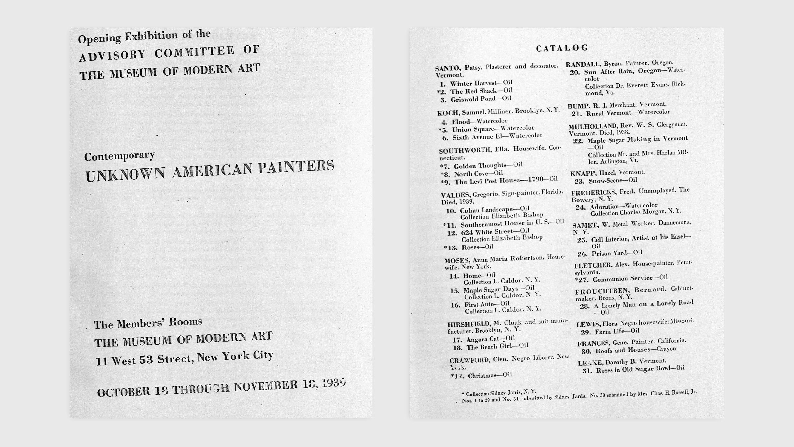 A catalog for Morris Hirshfield, opening exhibition of the advisory of the museum of modern art, dated 1939