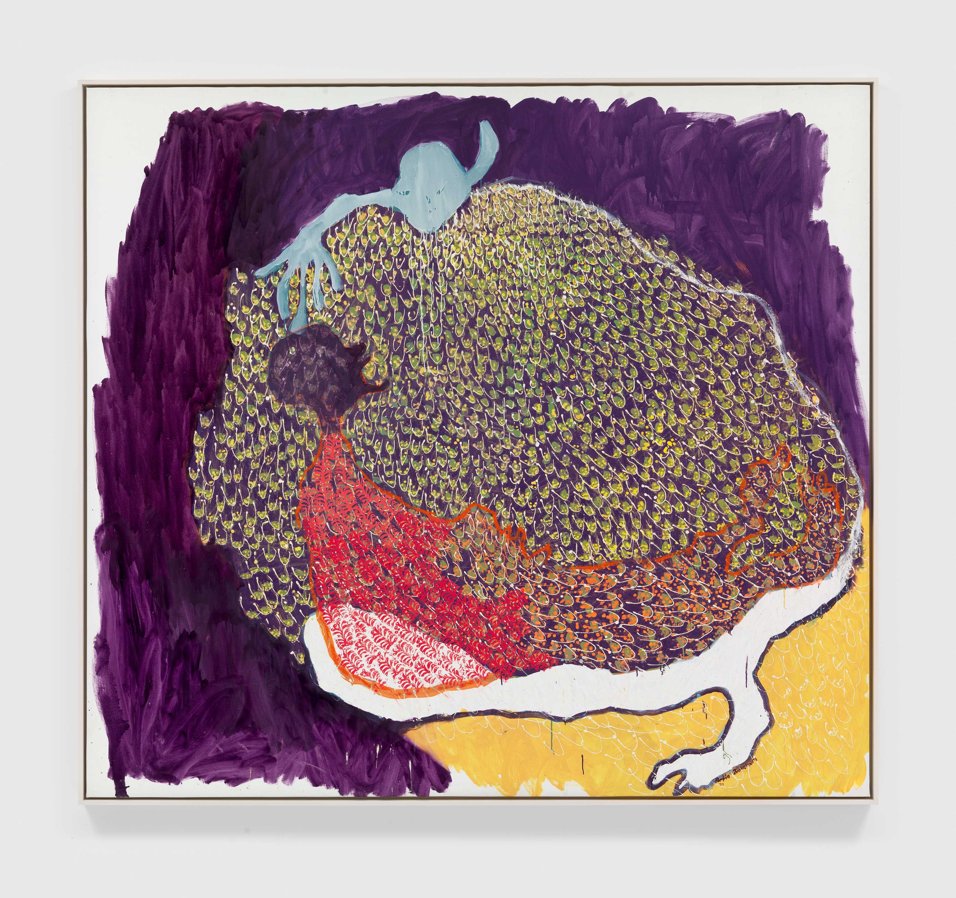 An oil based printing ink and oil bar on linen artwork by Portia Zvavahera, titled Crying belly, dated 2021.