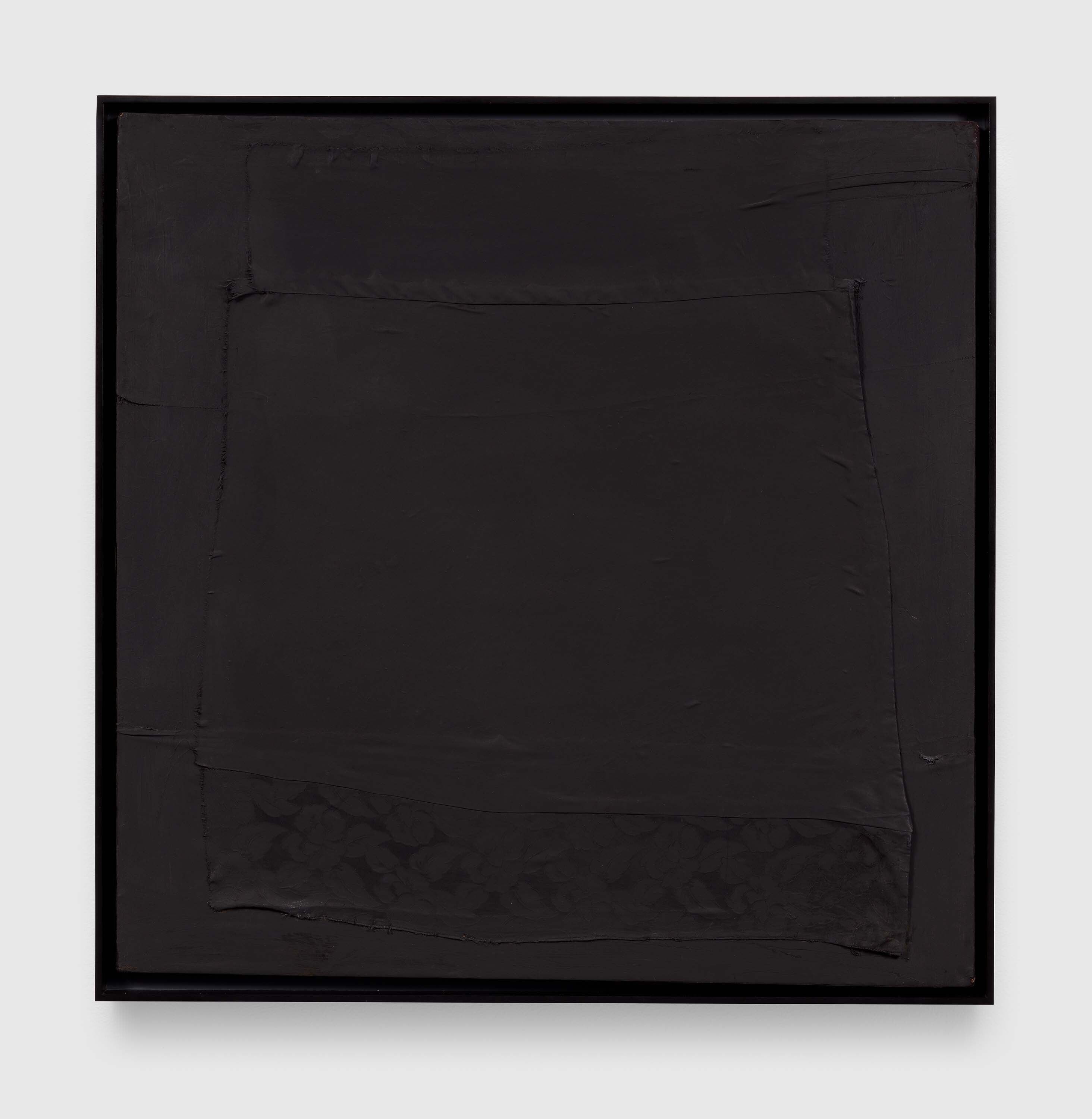 A painting by Robert Rauschenberg, called Untitled [matte black painting with fabric], circa 1952.