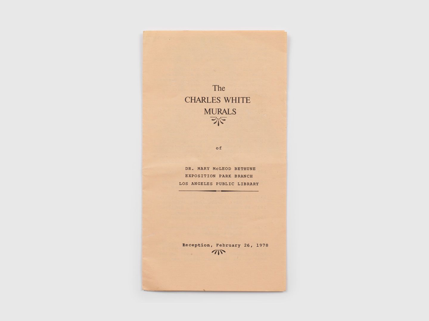 An exhibition pamphlet for Charles White: Mural Commission of Mary McLeod Bethune, Los Angeles Public Library, Exposition Park, dated January 1978.