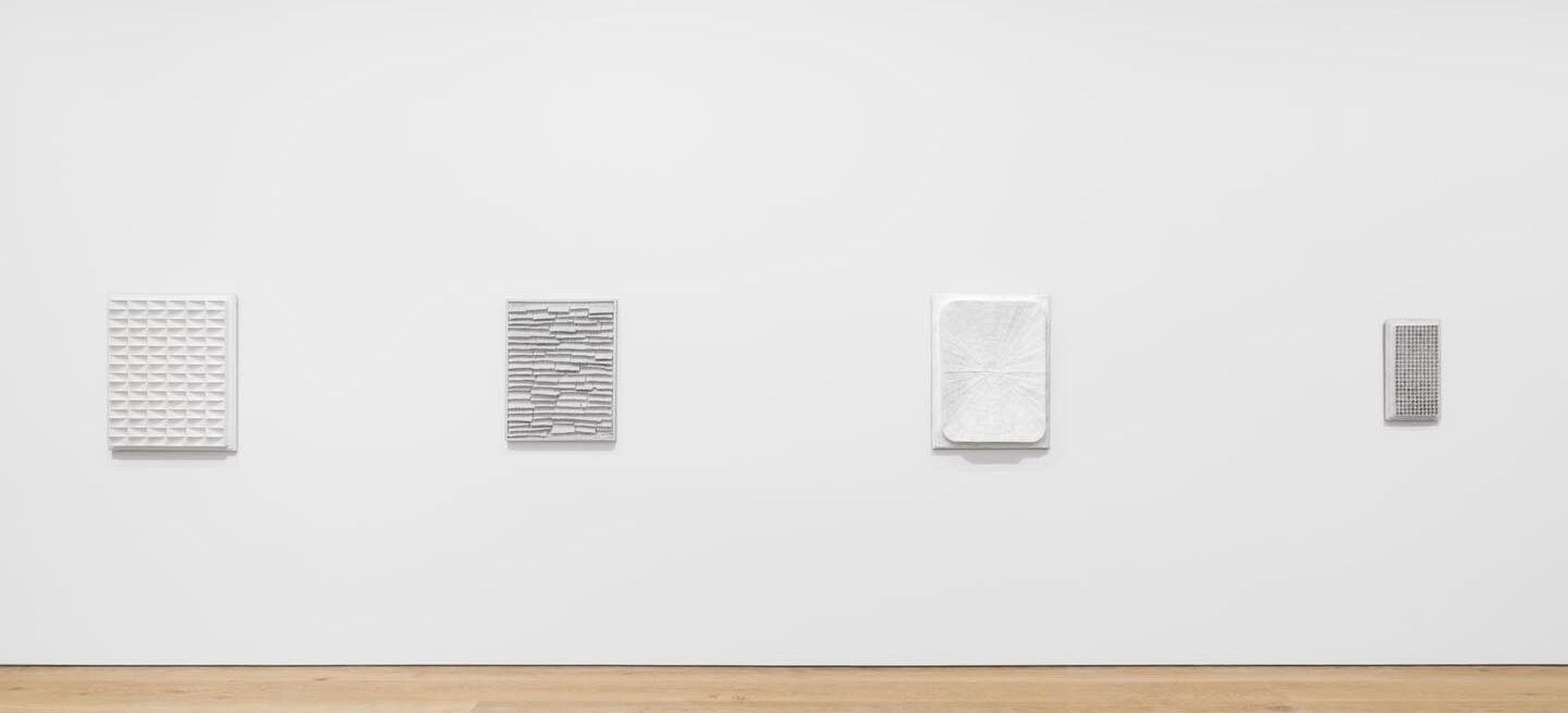 Installation view of the exhibition Jan Schoonhoven, at David Zwirner in New York, dated 2015.