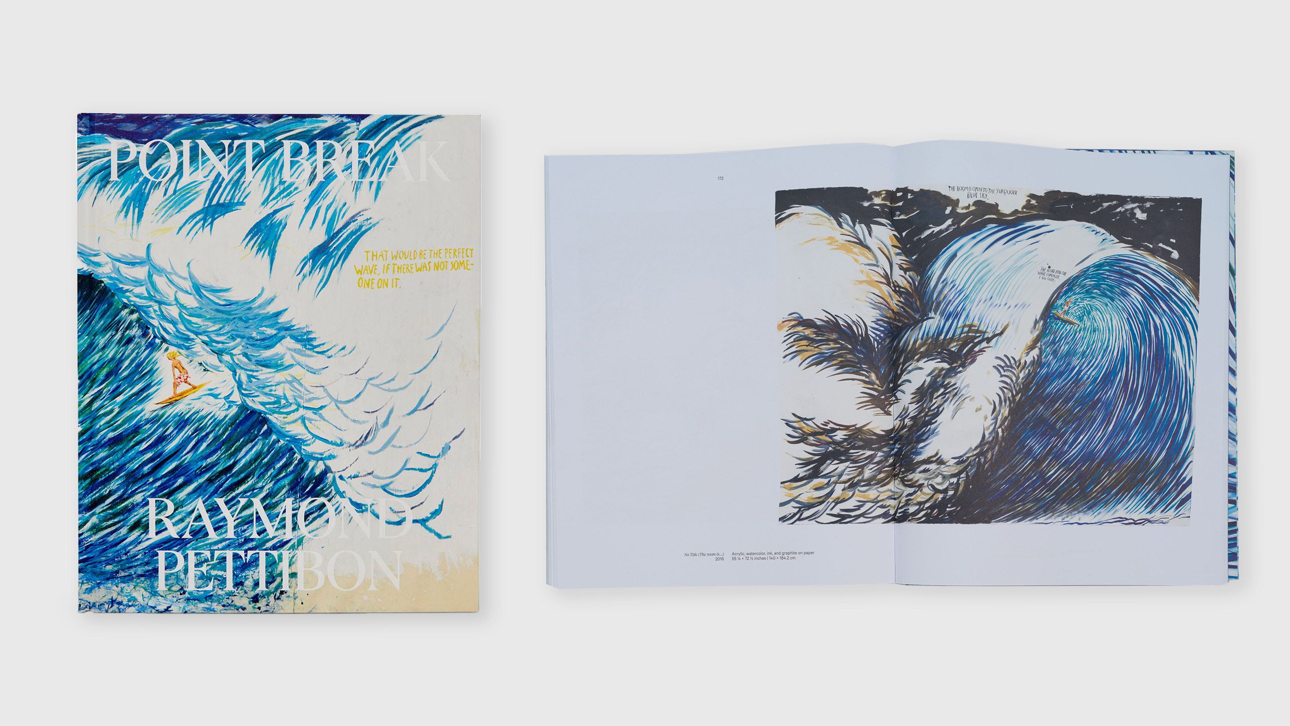 An image of book by Raymond Pettibon titled Point Break and a selected spread.