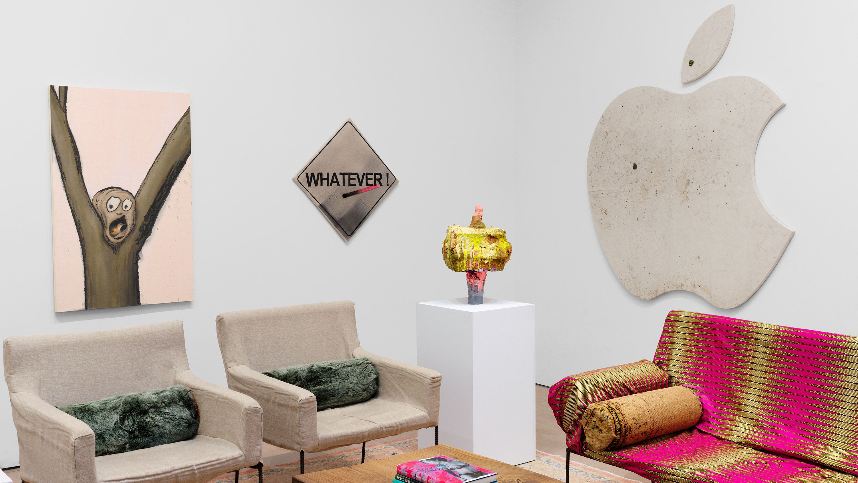 Install image of works by Nate Lowman and Franz West for Frieze New York 2024.