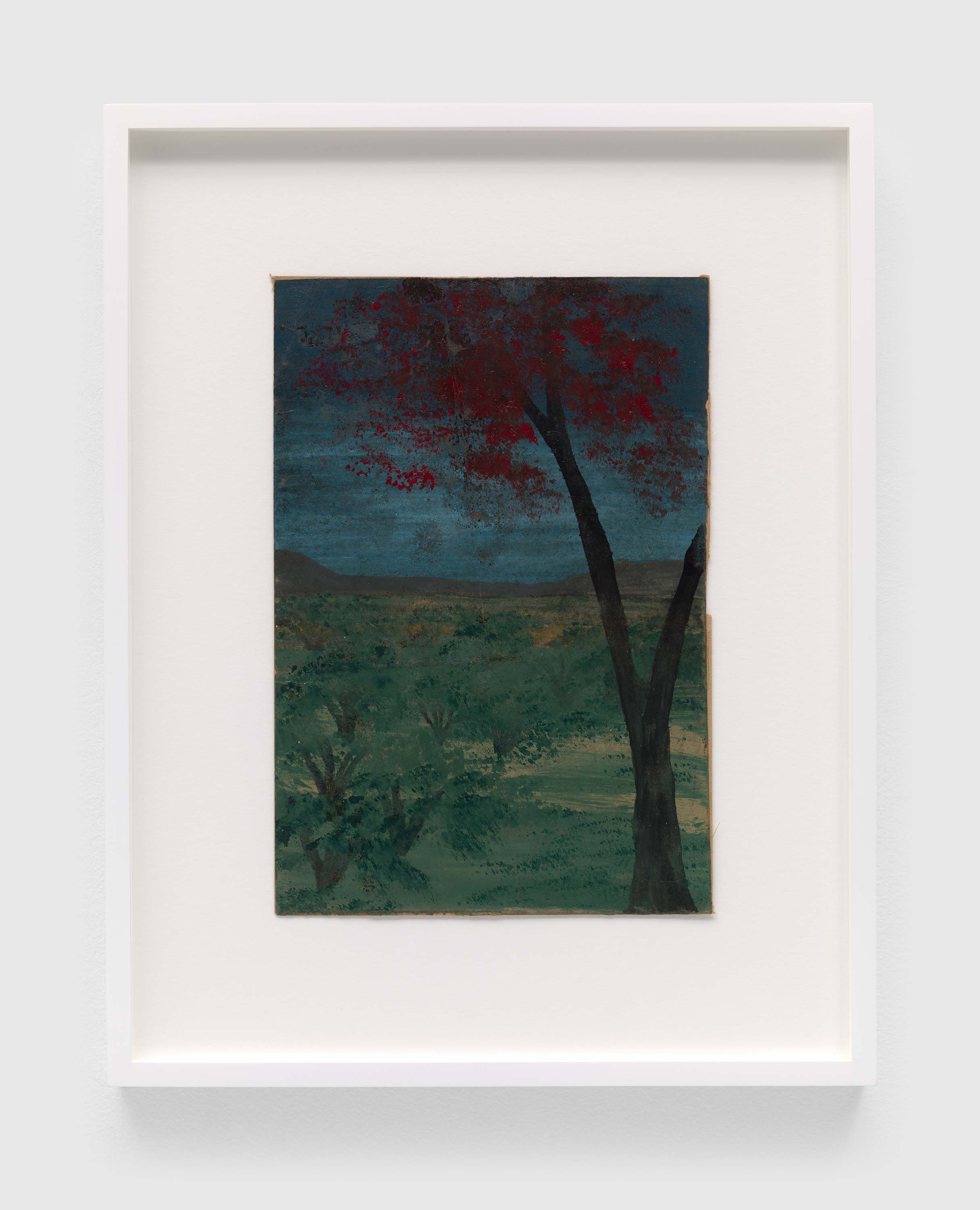 A painting on single-ply cardboard by Frank Walter, called Untitled (Nocturne with a Tall Burgundy Tree), n.d.