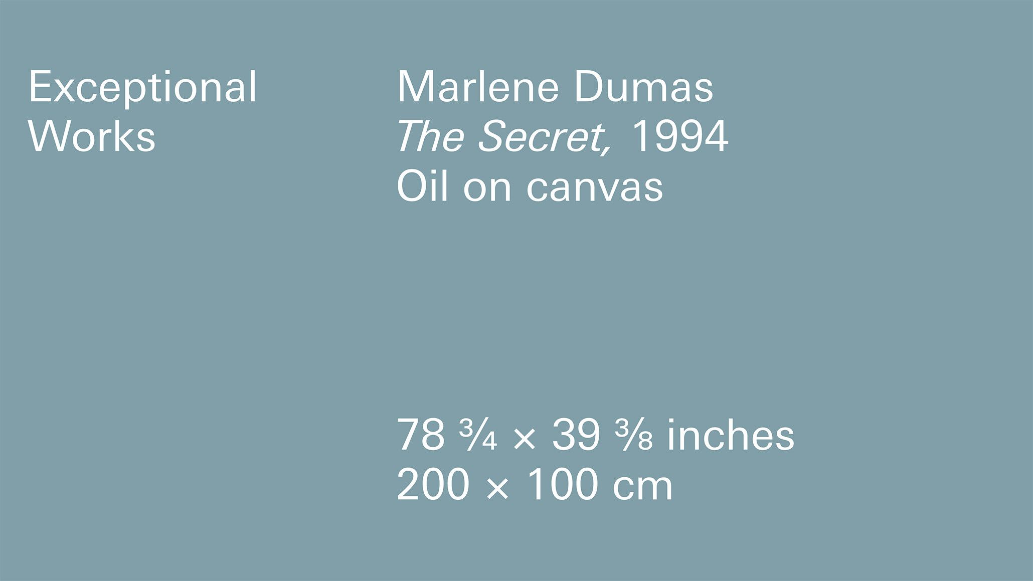 A title card with the text Exceptional Works Marlene Dumas The Secret, 1994 Oil on canvas.