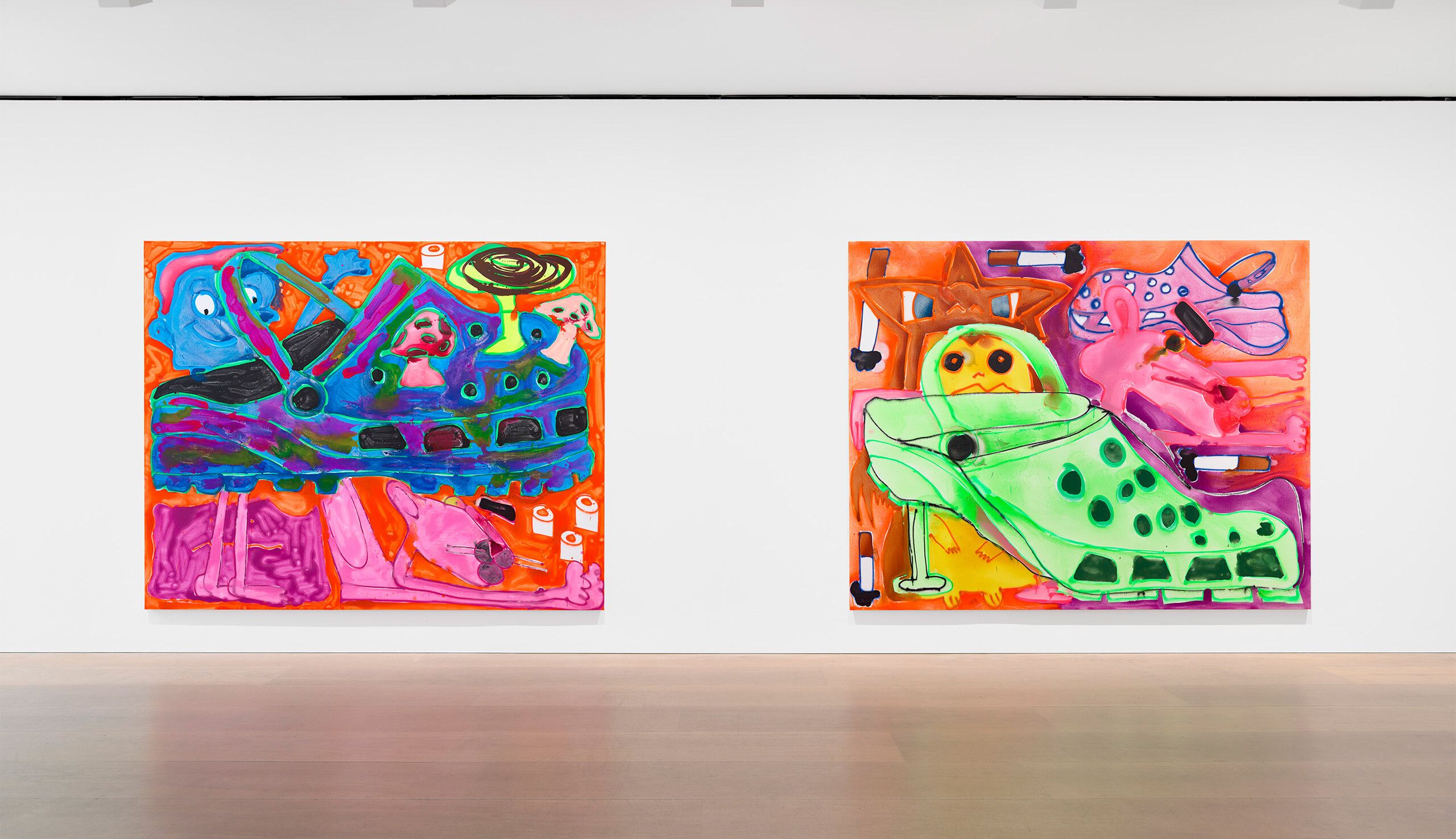 Installation view, Katherine Bernhardt: why is a mushroom growing in my shower?