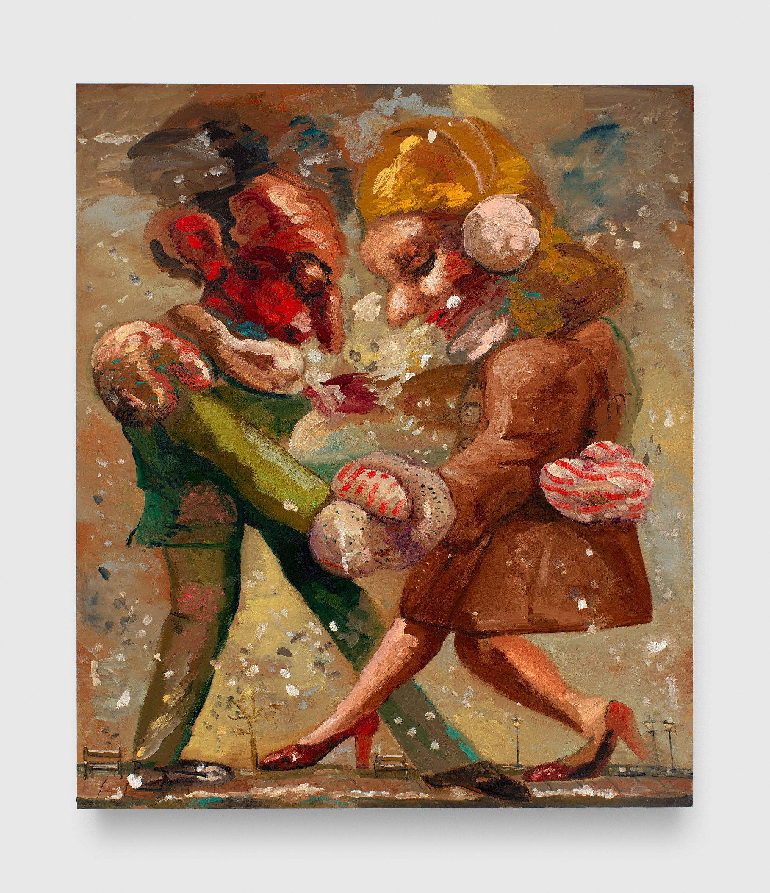 A painting by Dana Schutz, titled Winter Dance, dated 2023.