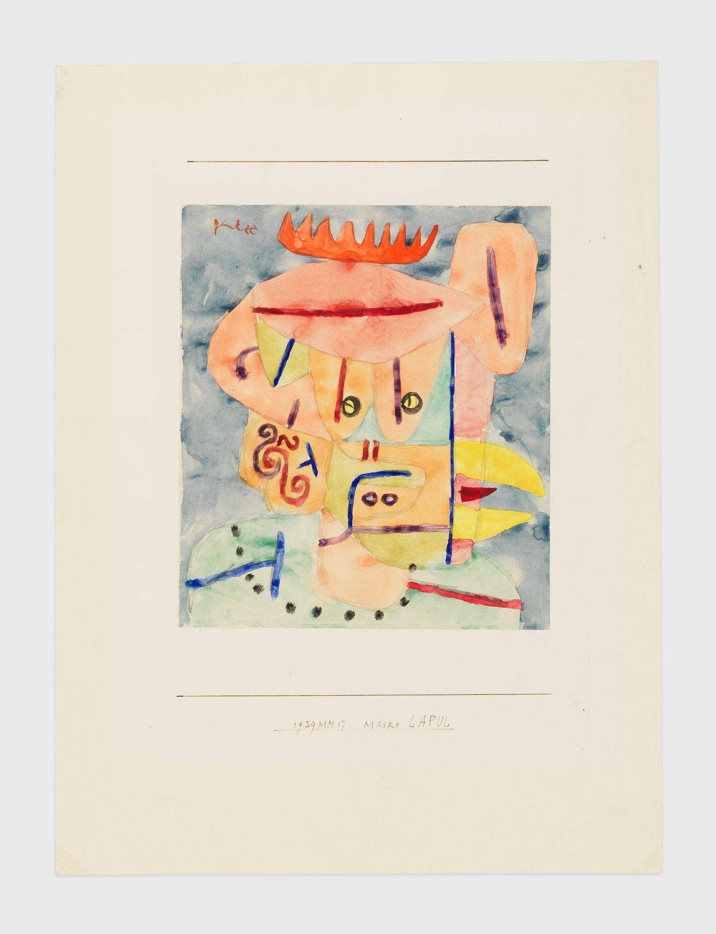A work on paper on cardboard by Paul Klee, titled Maske LAPUL (Mask: Lapul), dated 1939.