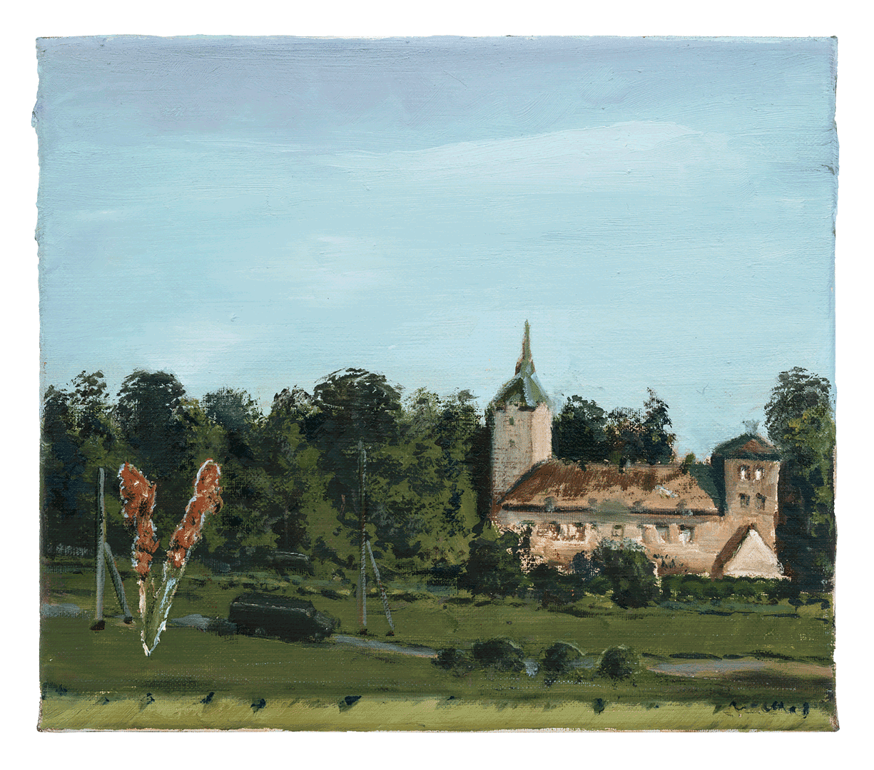 A painting by Neo Rauch, titled Anfahrt, dated 2018.
