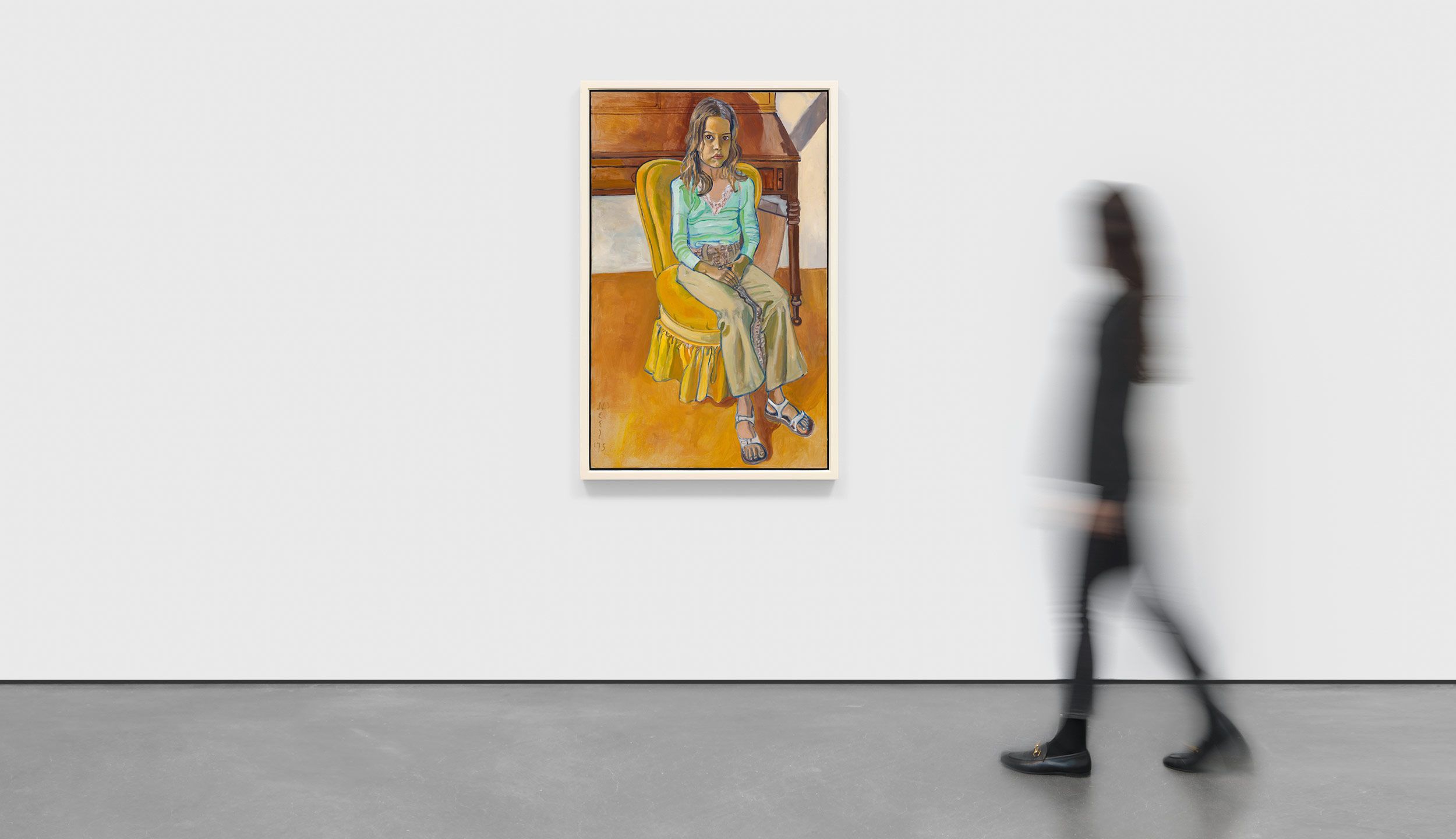 An installation view with a scale model of a painting by Alice Neel, titled Olivia, dated 1975.