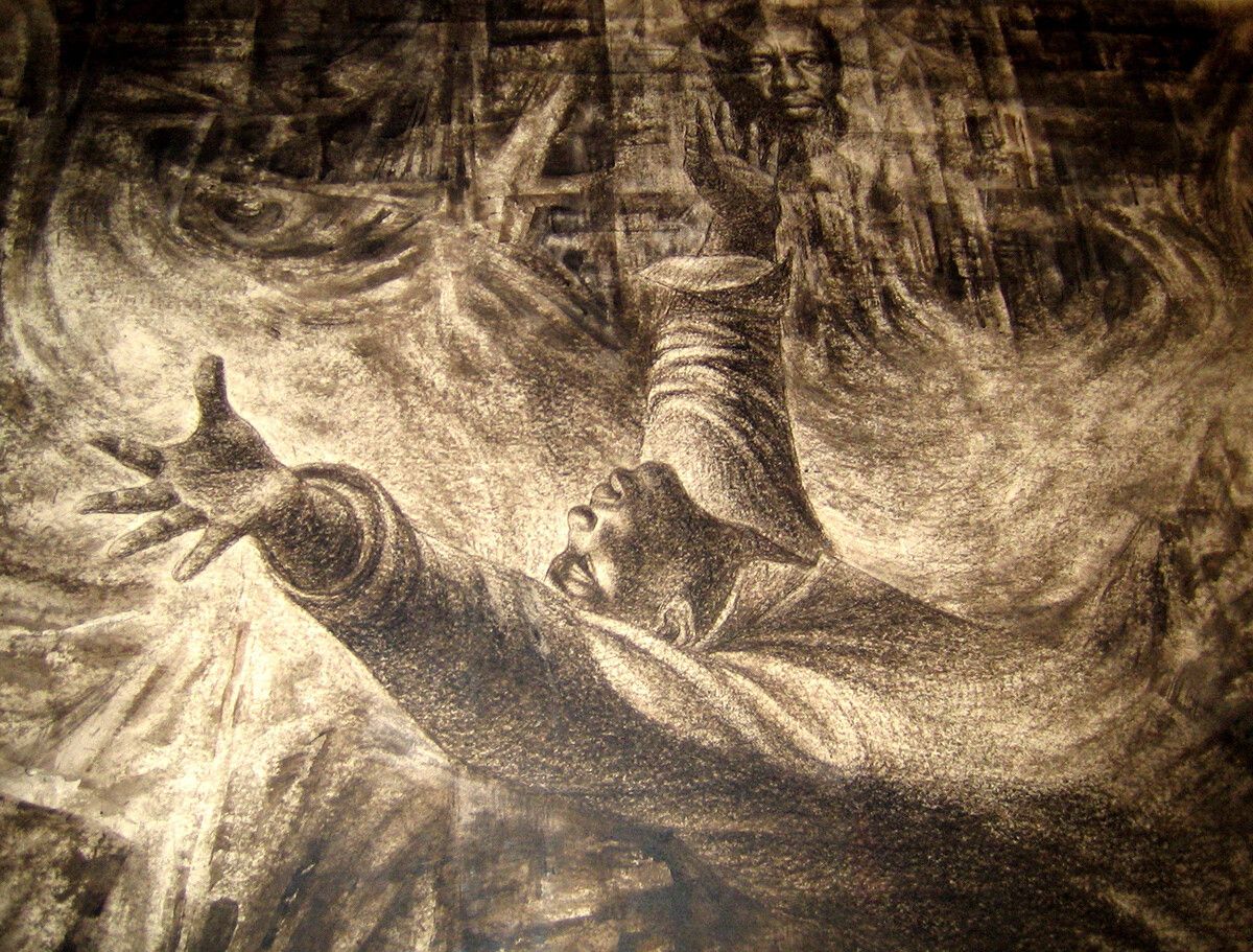 This is a close-up of the work by Charles White, titled Nat Turner, Yesterday, Today, Tomorrow, dated 1968