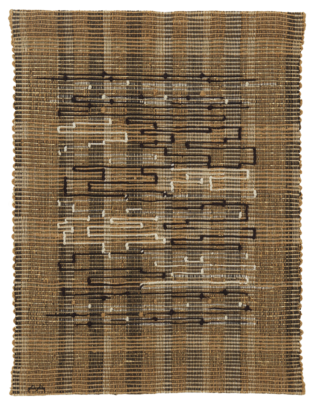A cotton, lurex, and jute weaving by Anni Albers, titled Black-White-Gold I, dated 1950.