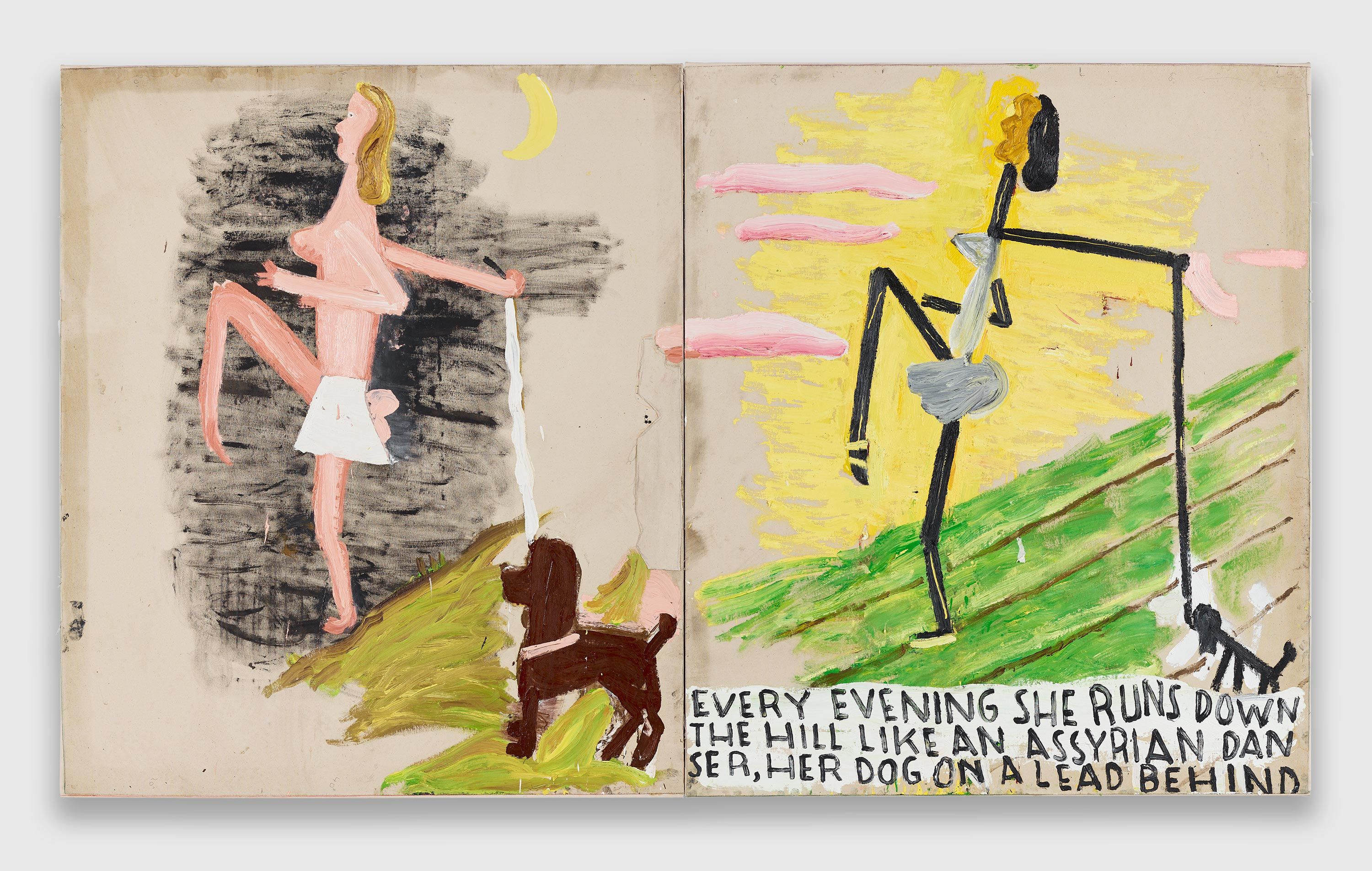 A painting by Rose Wylie, titled Pink Girl, Like an Assyrian Dancer and Pink Clouds, dated 2021.