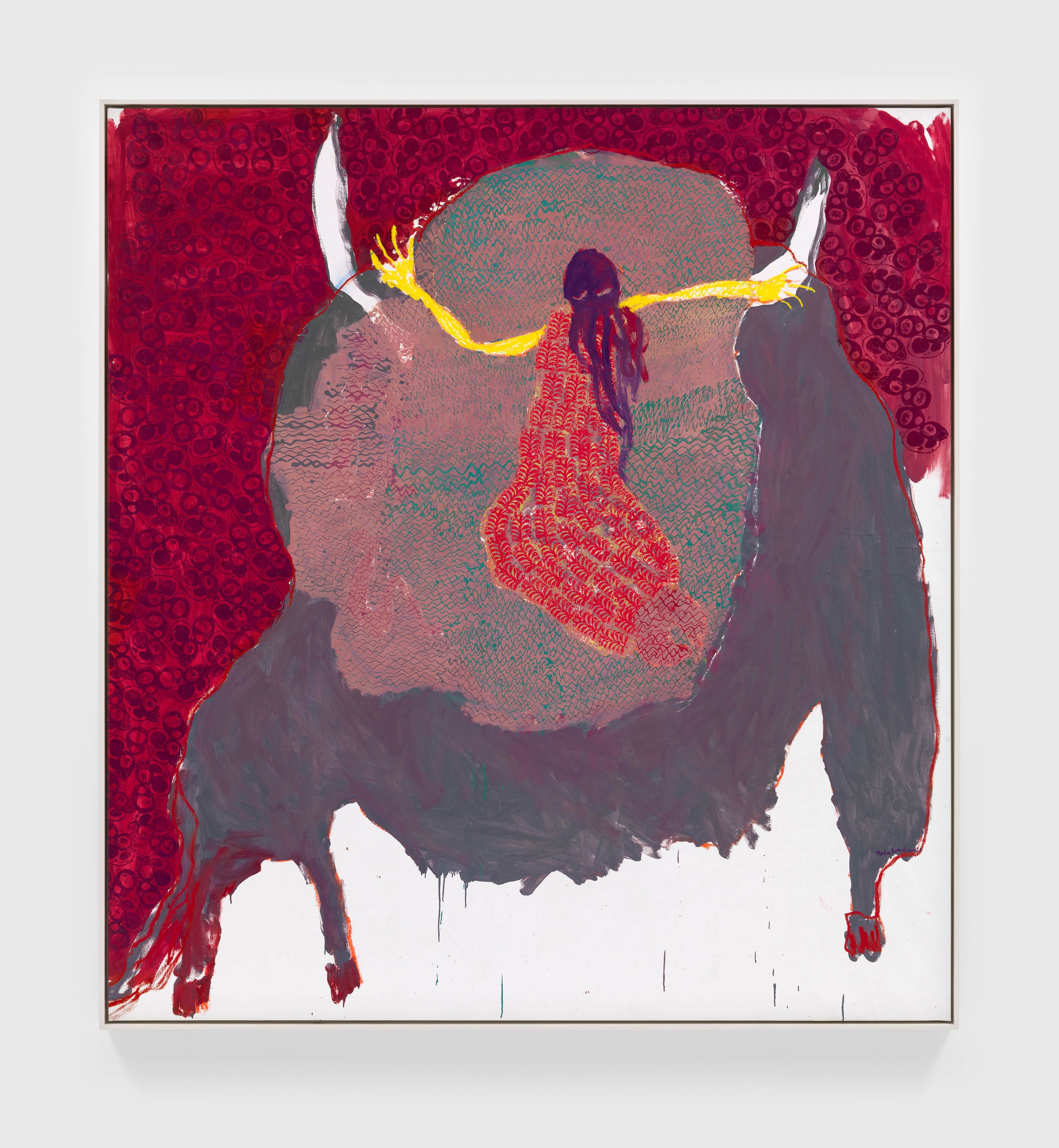 An oil based printing ink and oil bar on canvas artwork by Portia Zvavahera, titled Prayer amid a battle, dated 2021.