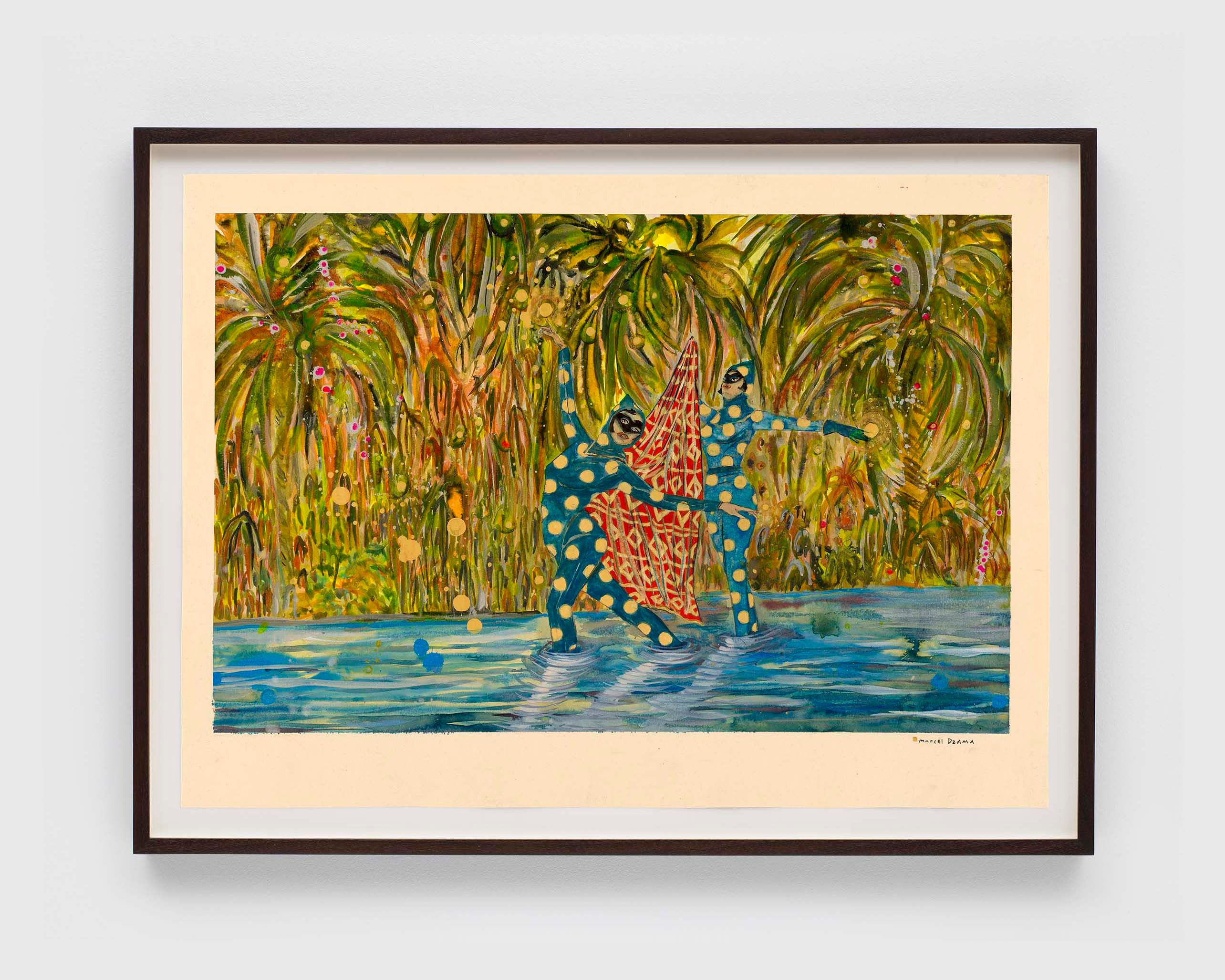 A work on paper by Marcel Dzama, titled The dance of the fire flies, dated 2022.