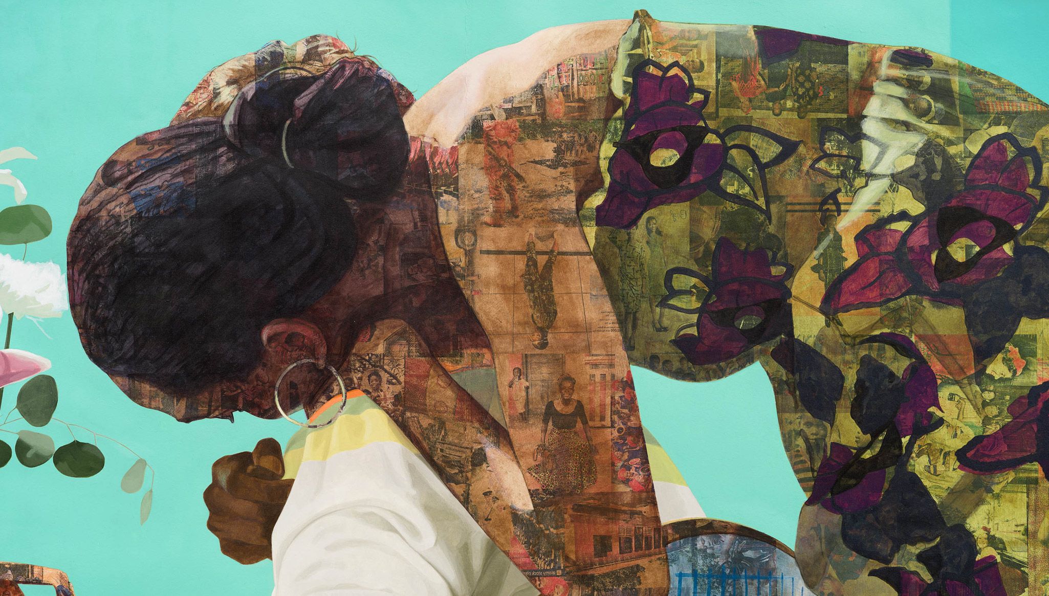 A detail of an artwork by Njideka Akunyili Crosby, called Blend in- Stand out, dated 2019