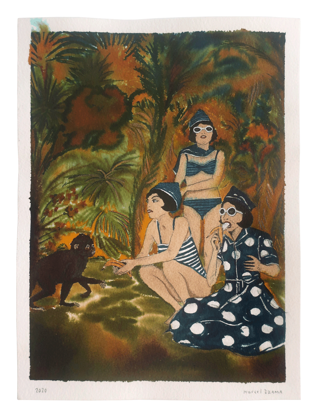 A work on paper by Marcel Dzama titled Like eating a ripe banana, dated 2020.