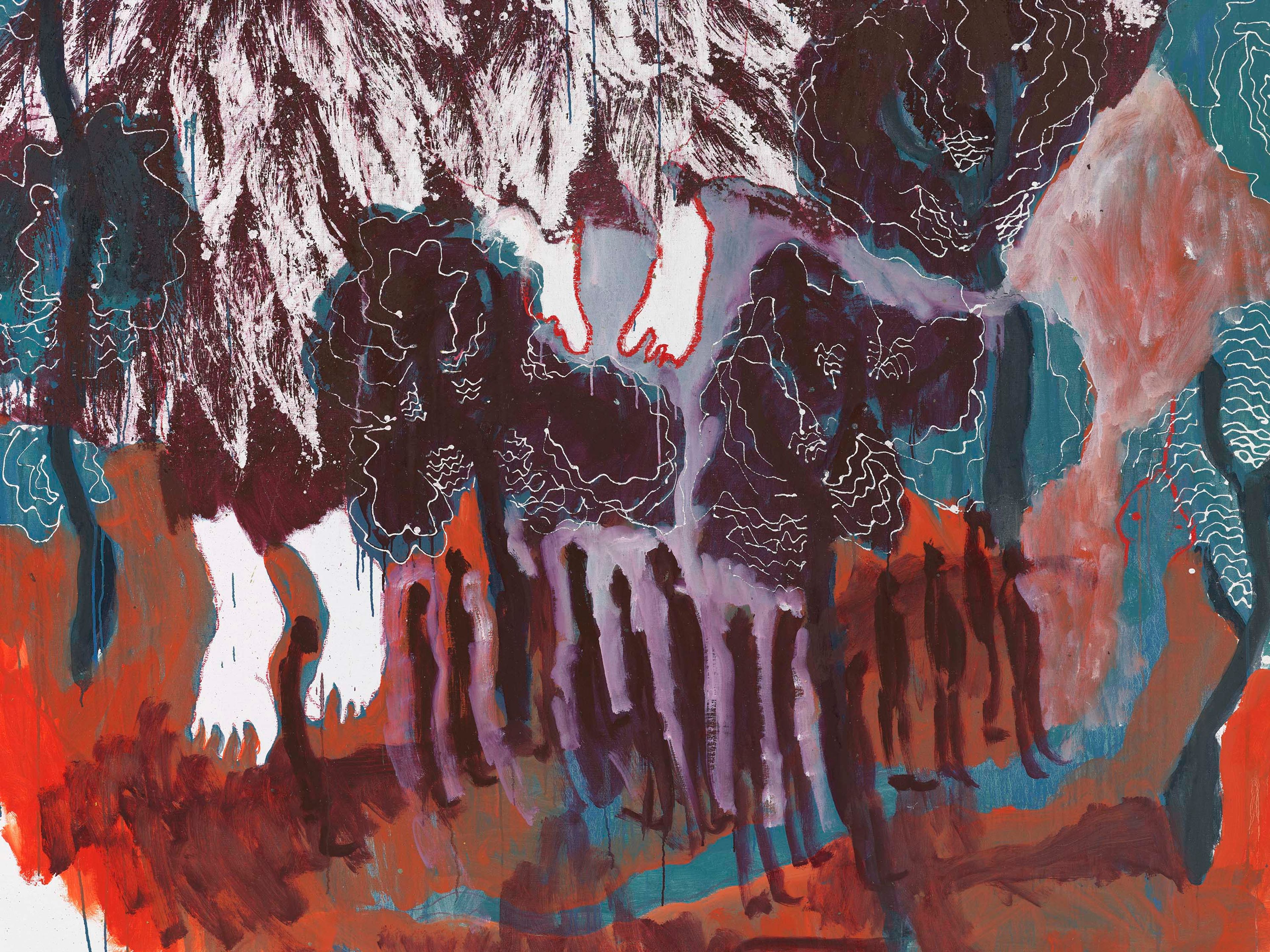 A painting by Portia Zvavahera, titled Kutsika zvinyavada, dated 2025.