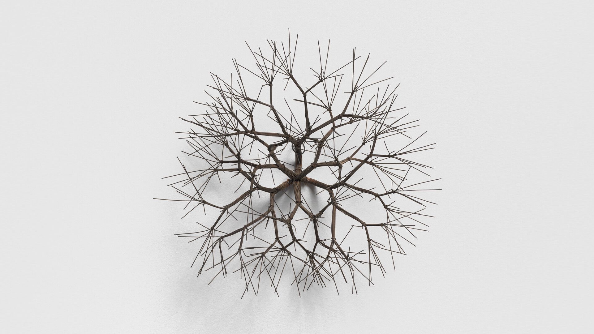 A wall-mounted copper wire sculpture by Ruth Asawa, titled, Untitled (S.708, Wall-Mounted Tied-Wire Six-Branched Form), circa the mid nineteen sixties.