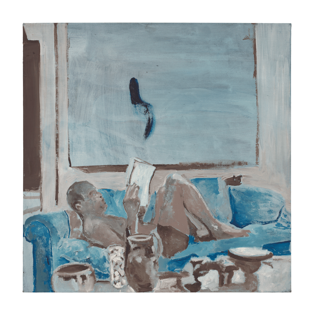 A painting by Noah Davis, titled Untitled (Man on Couch), dated 2009.