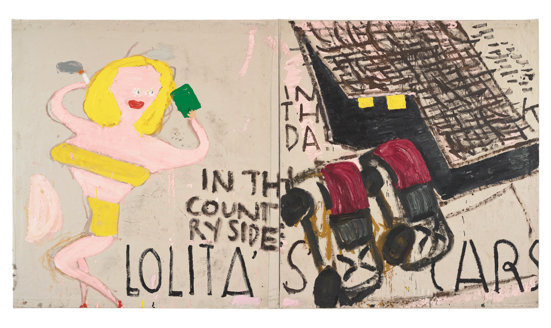 A painting by rose Wylie, titled Lolita's House and Two Cars, dated 2018. 