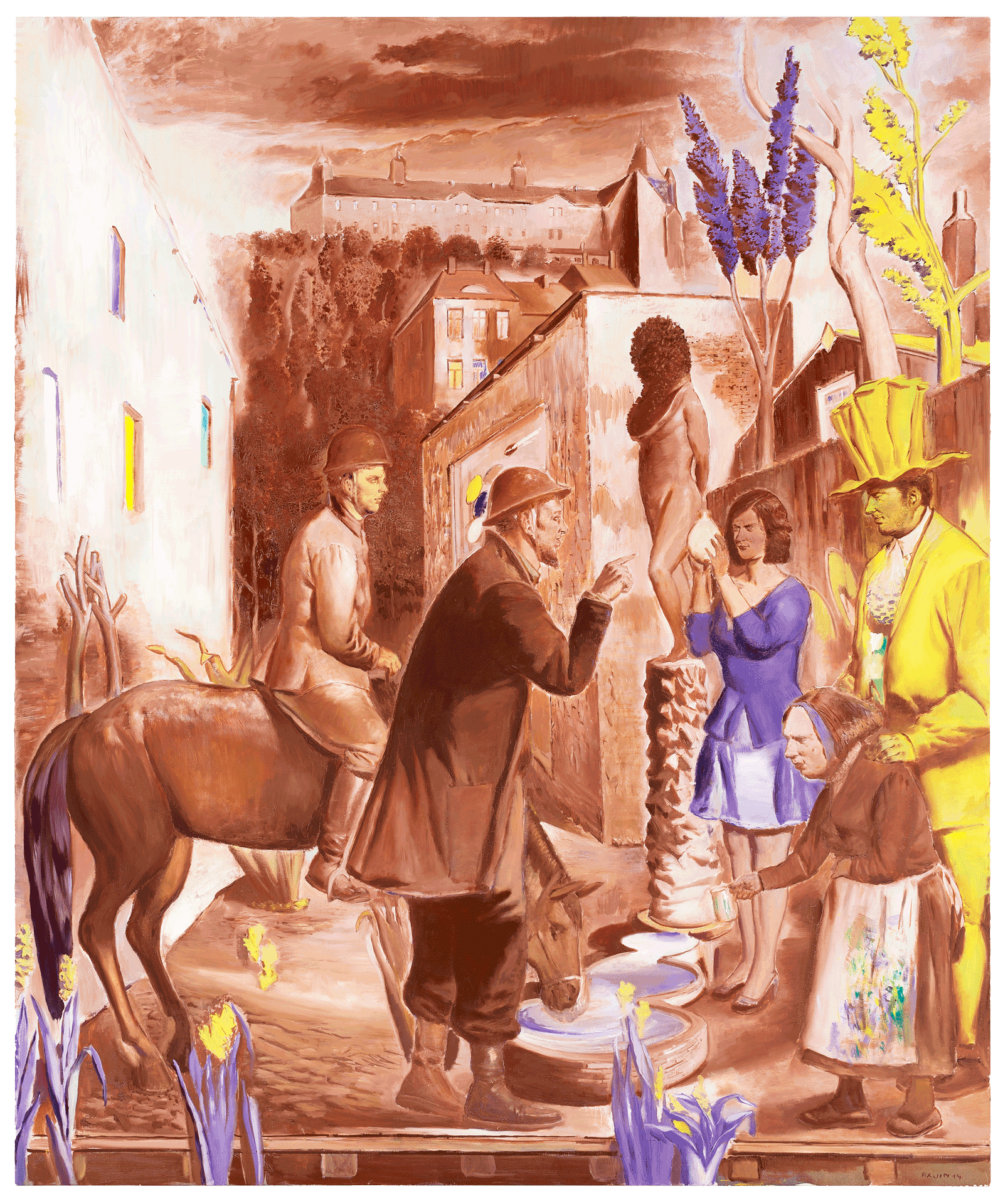 A painting by Neo Rauch, titled Am Brunnen, dated 2014.