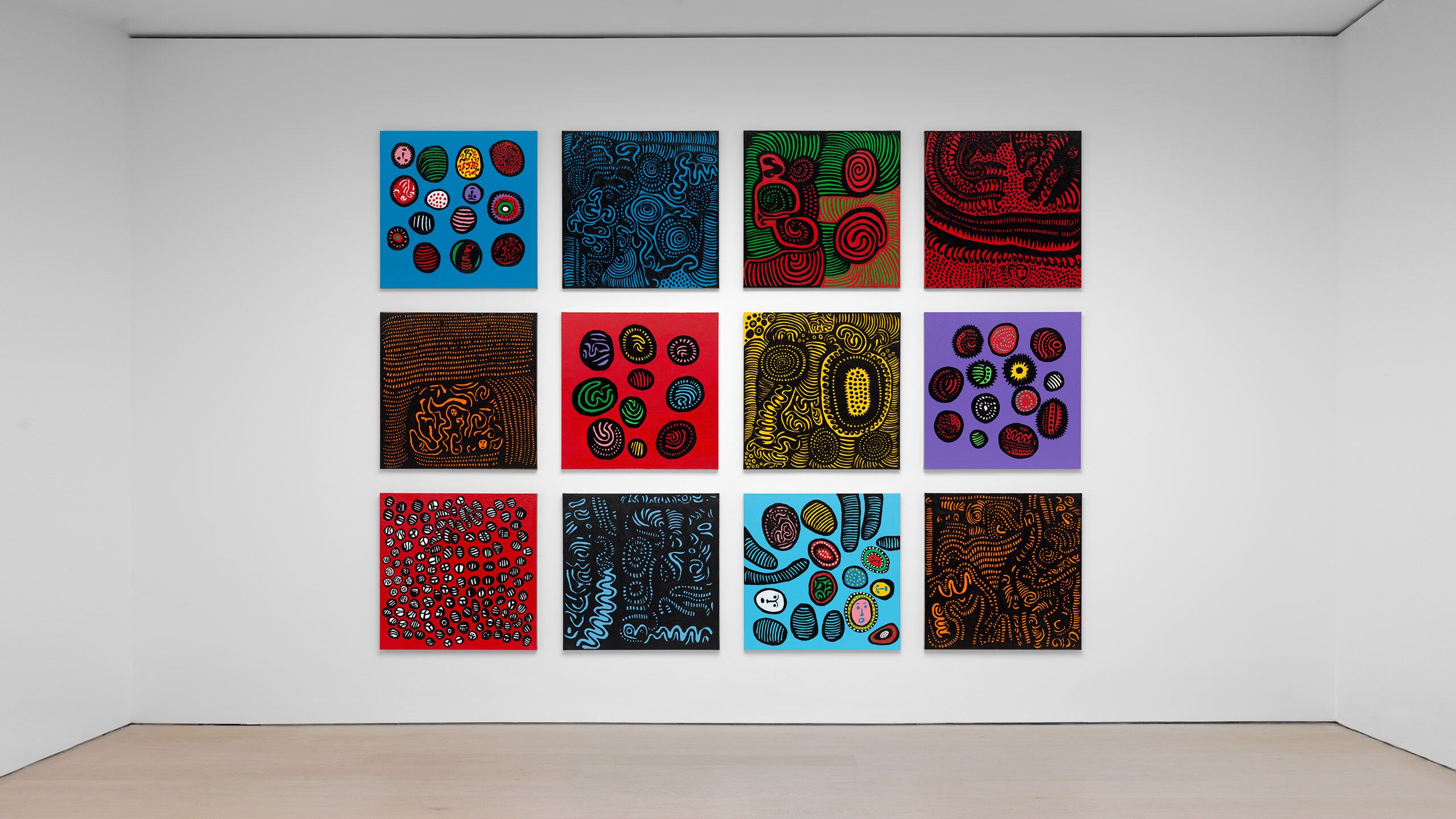 An installation view of an exhibition titled, Yayoi Kusama I WANT YOUR TEARS TO FLOW WITH THE WORDS I WROTE, at David Zwirner, New York, in 2021.