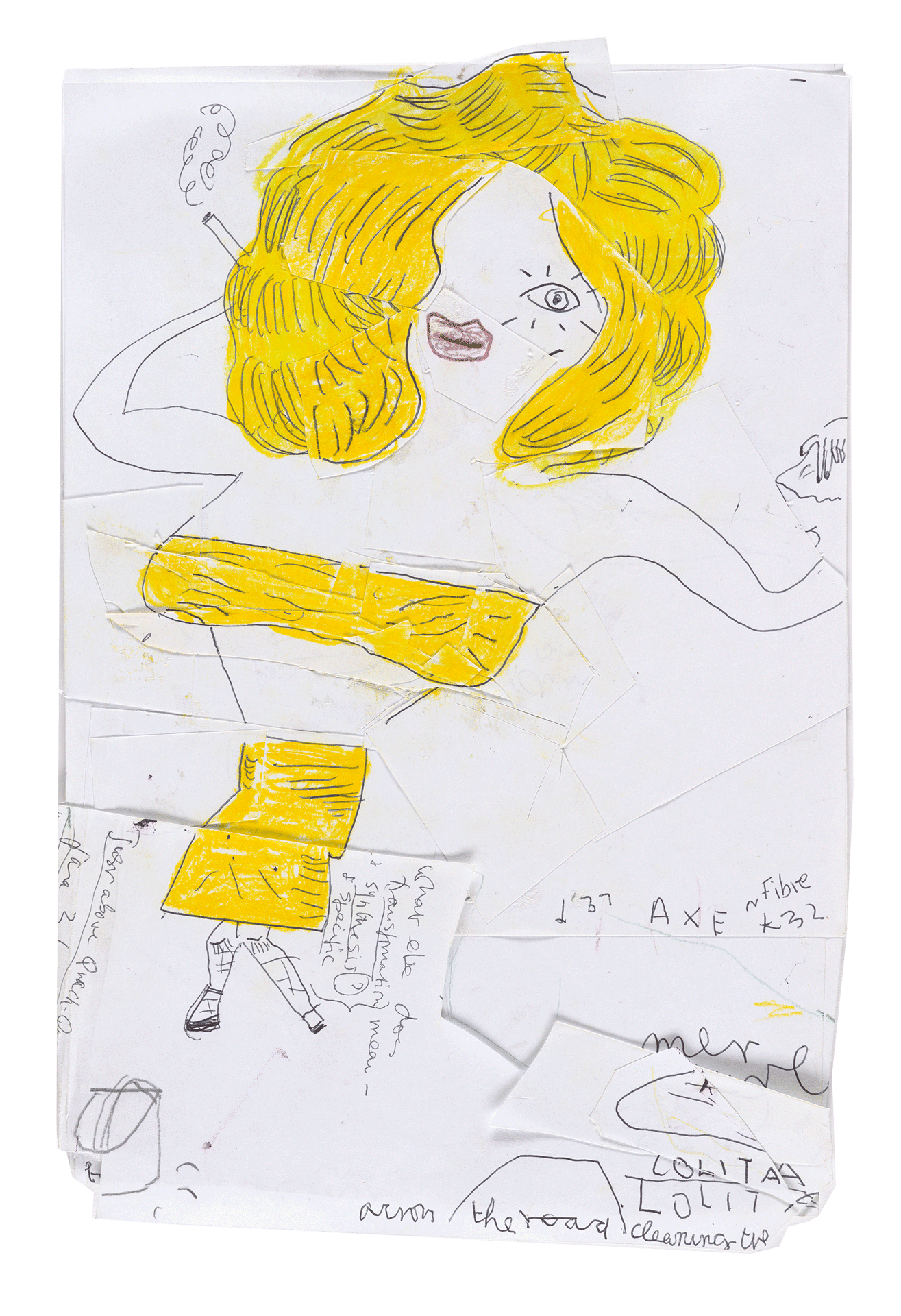 A painting by Rose Wylie, titled Yellow Lolita with Flick-book Skirt, dated 2018. 